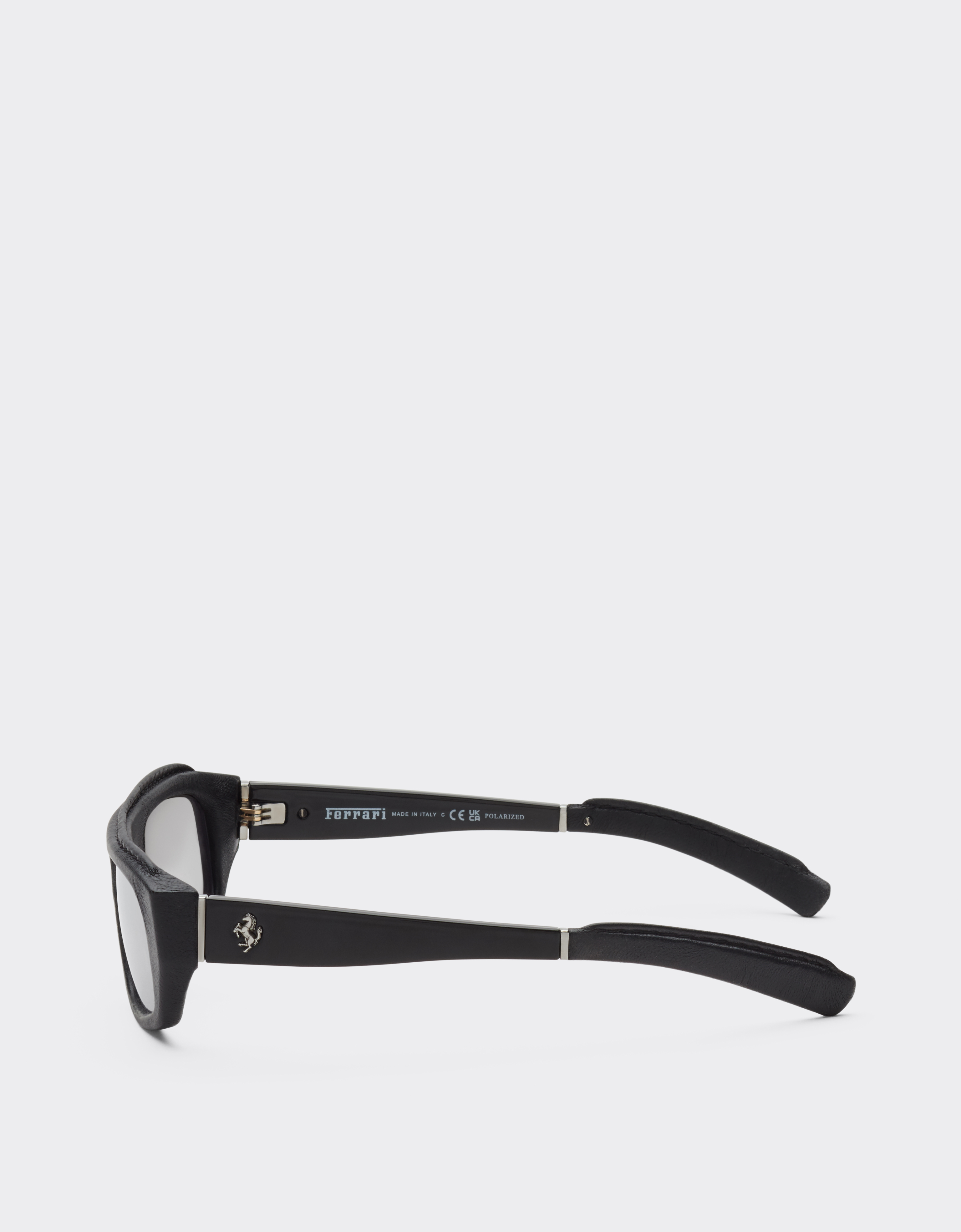 Ferrari Black  Sunglasses In Acetate And Leather With Silver Mirror Lens In Black