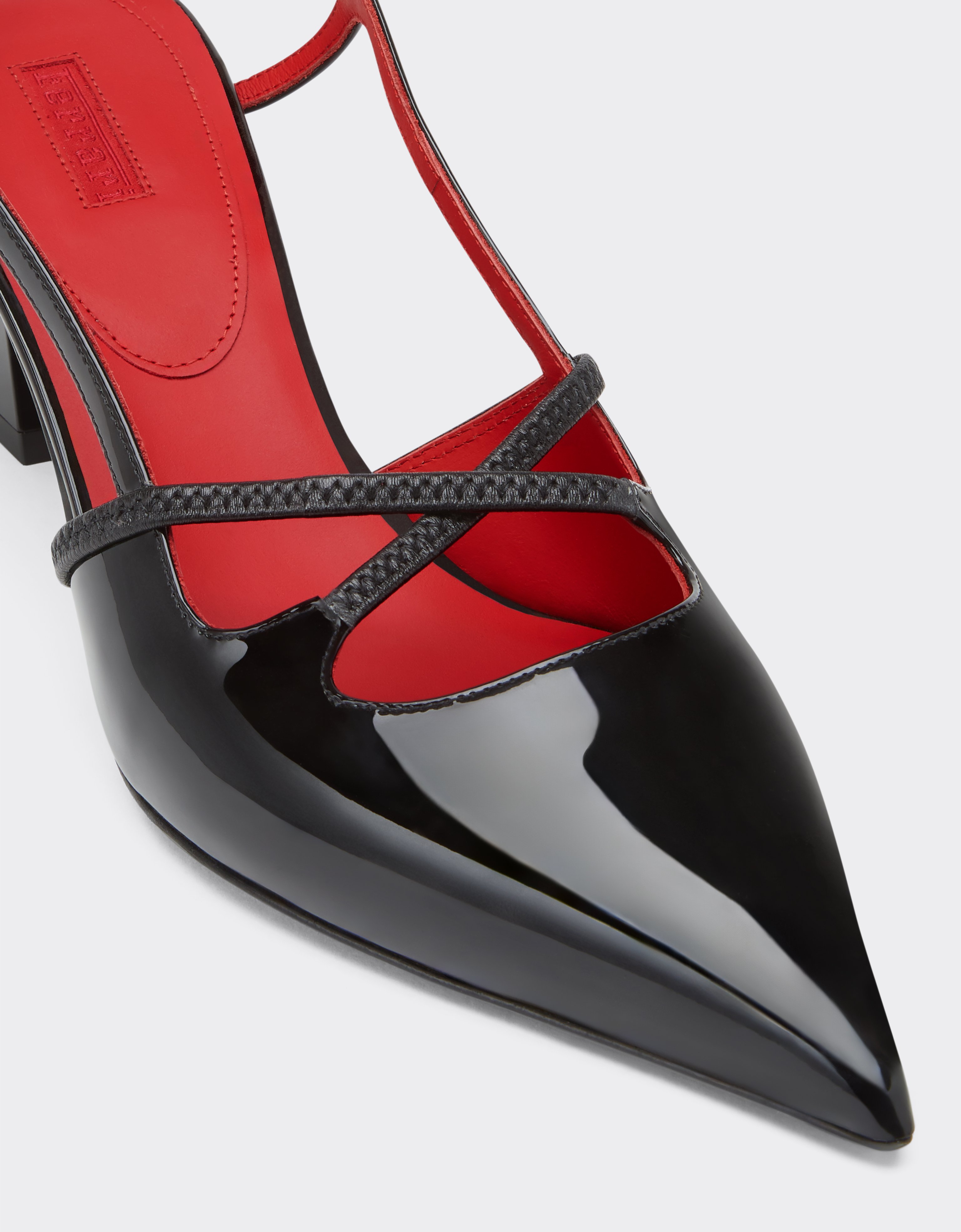 Ferrari Slingback Shoes In Black Patent Leather With Midi Heel In Black