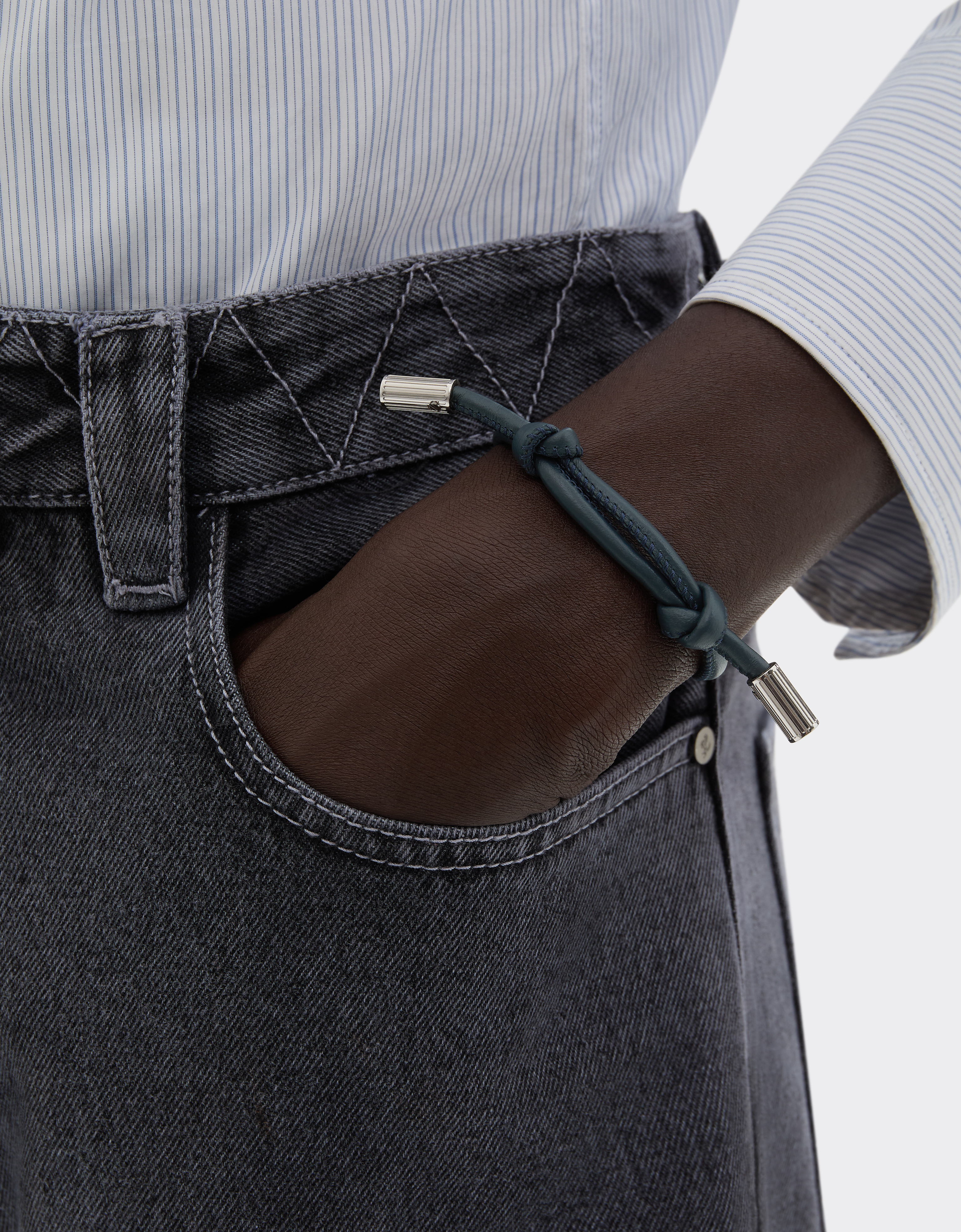 Ferrari Tubular Leather Bracelet With Engraved Prancing Horse In Blue