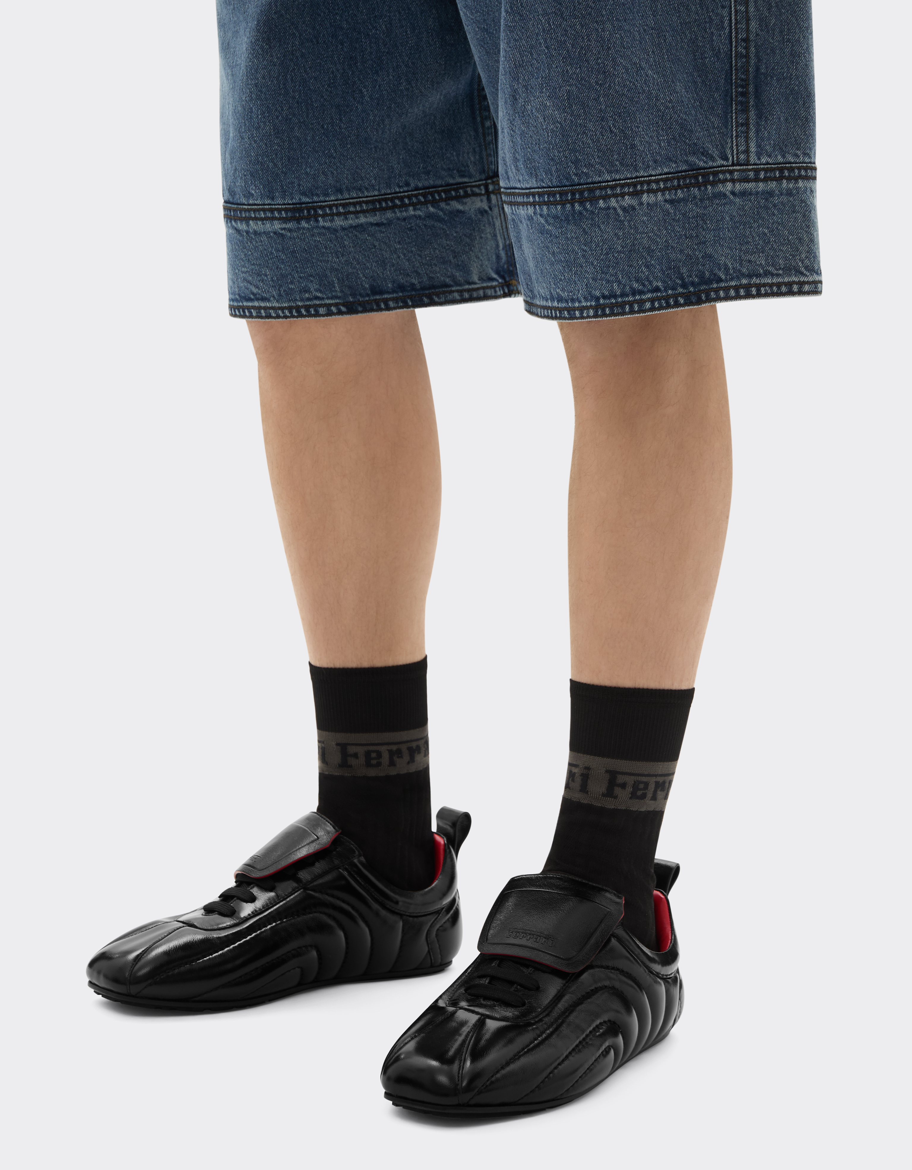 Ferrari Running Trainers In Wet-effect Leather In Black