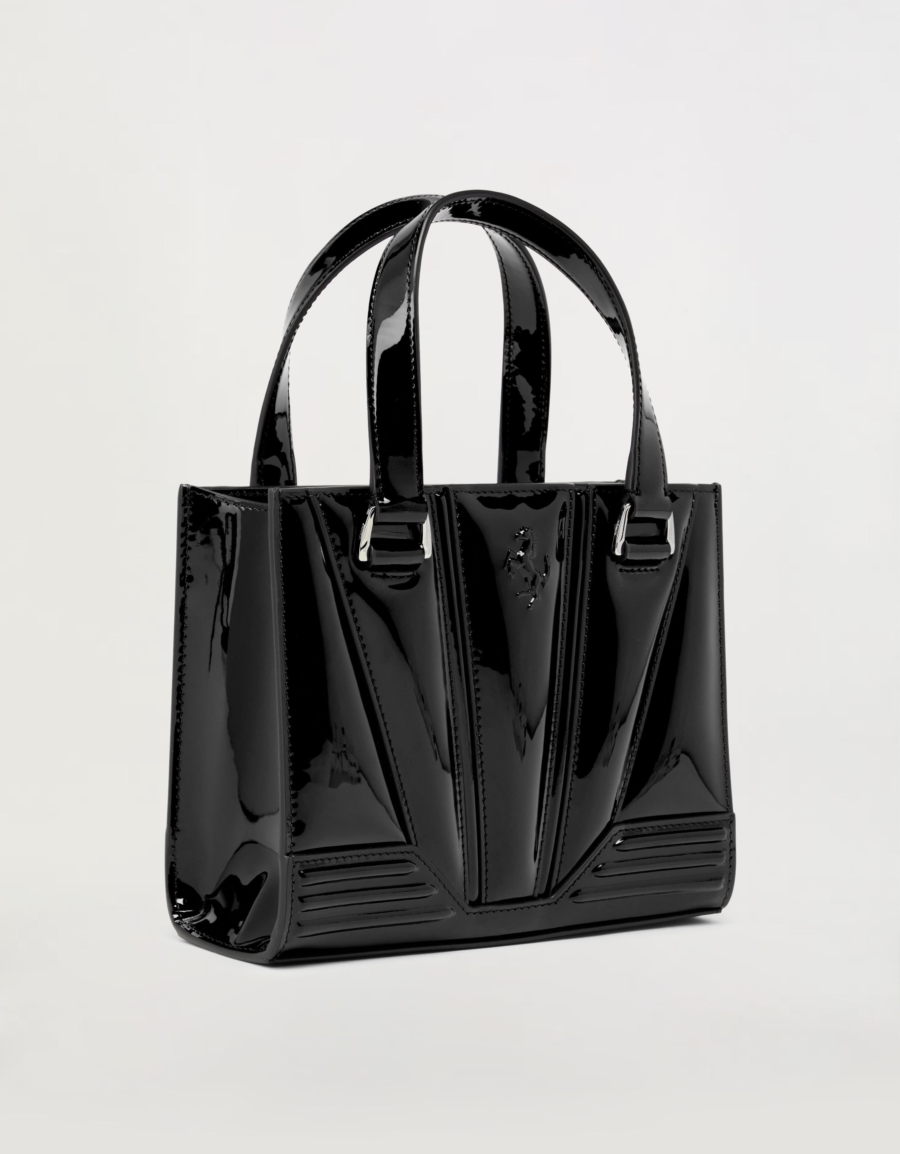 Ferrari Mini Tote Gt Bag In Glossy Patent Leather With Prancing Horse Detail In Black