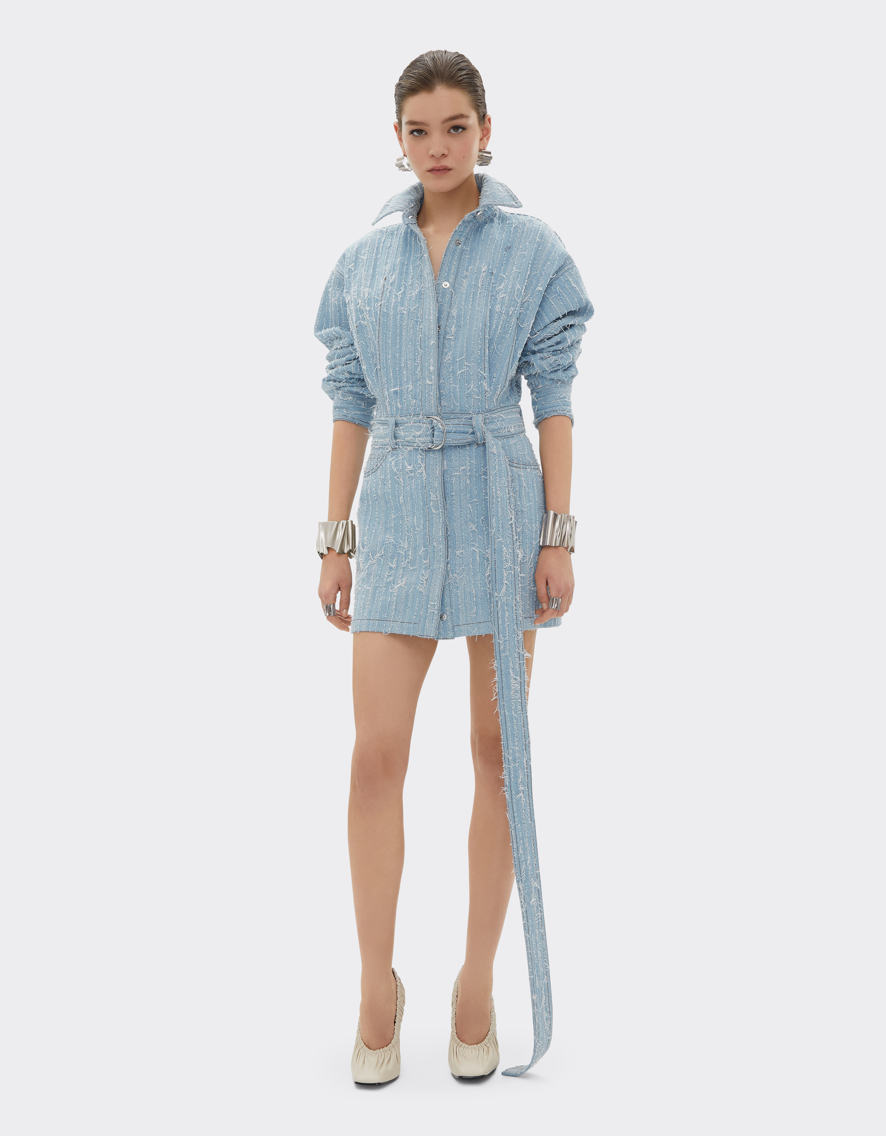 Ferrari Mini Dress In Frayed Faded Denim In Light Denim