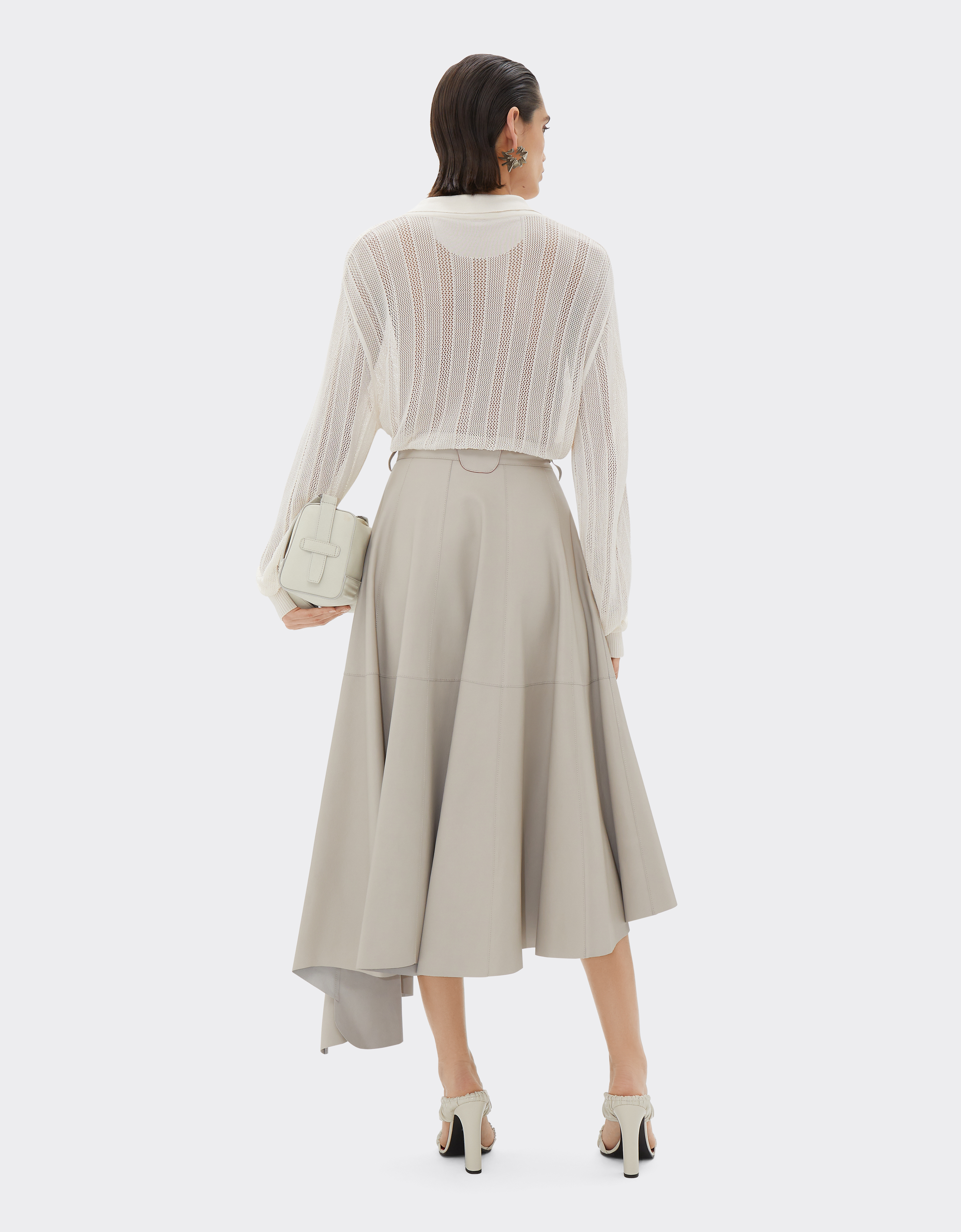 Ferrari Long Asymmetrical Skirt In Nappa Leather In Ecru