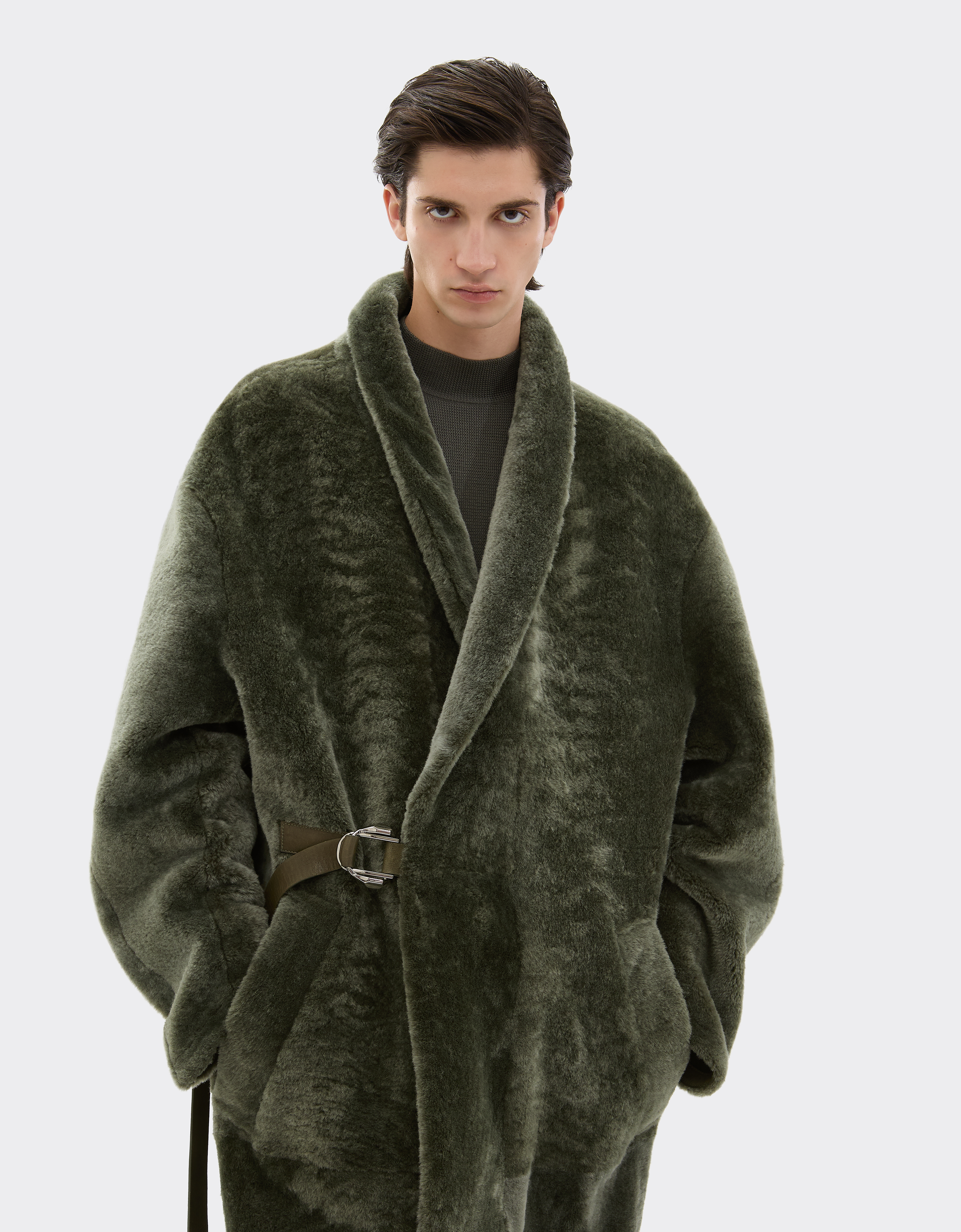 Ferrari Merino Wool Coat With Astrakhan Effect In Green