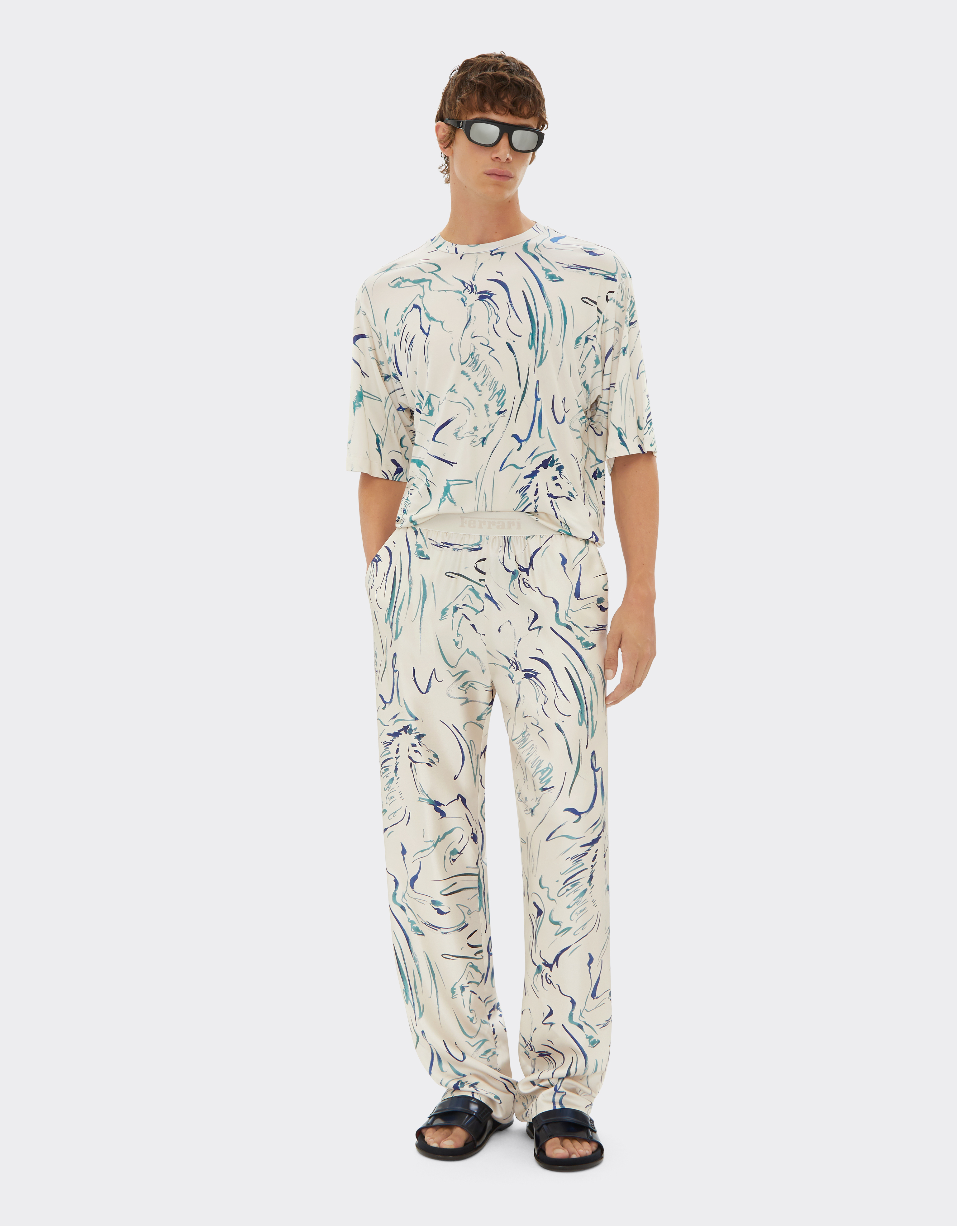 Ferrari Silk Trousers With Cavallino Print In Ecru
