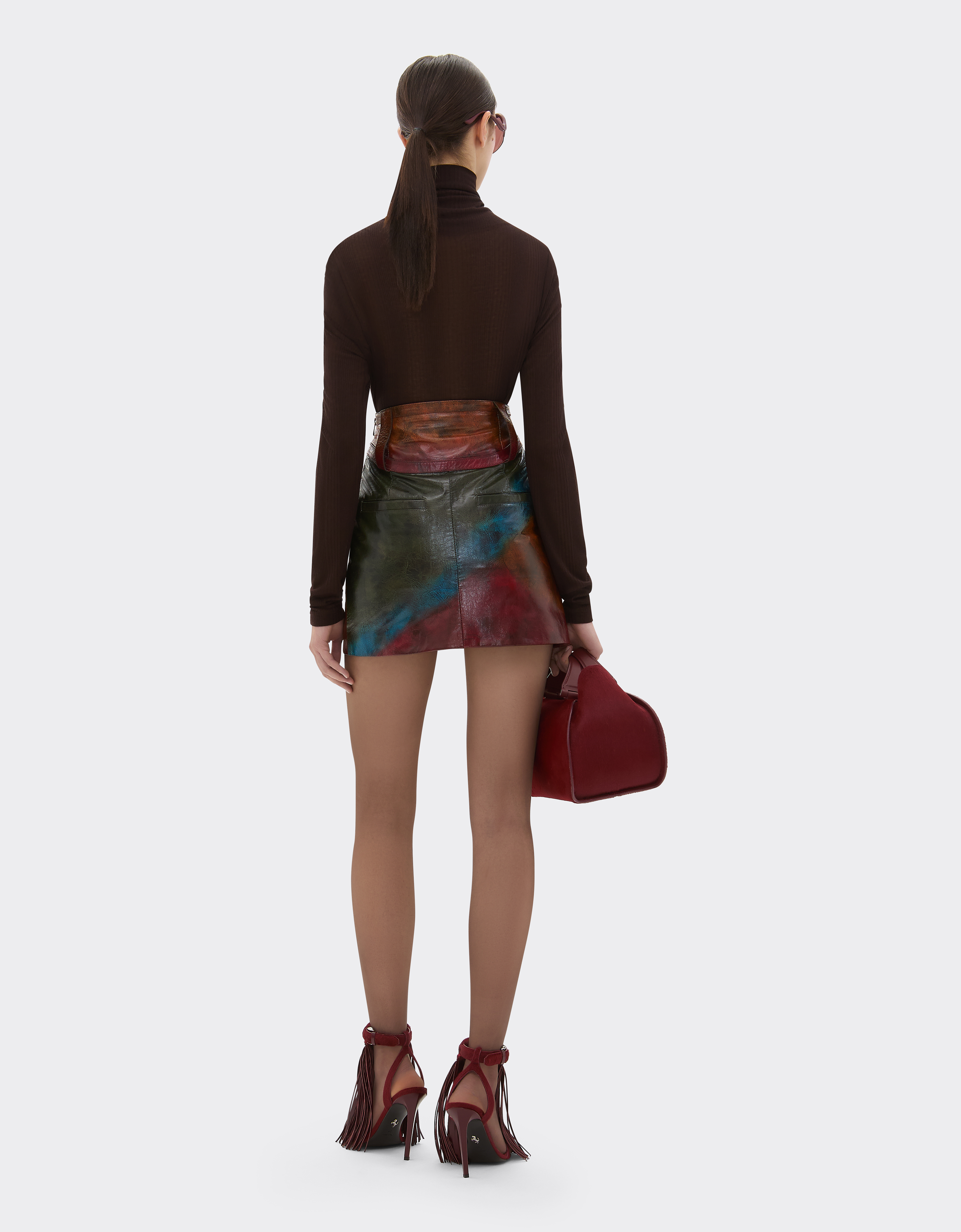Ferrari Misted Leather Mini Skirt In Brown