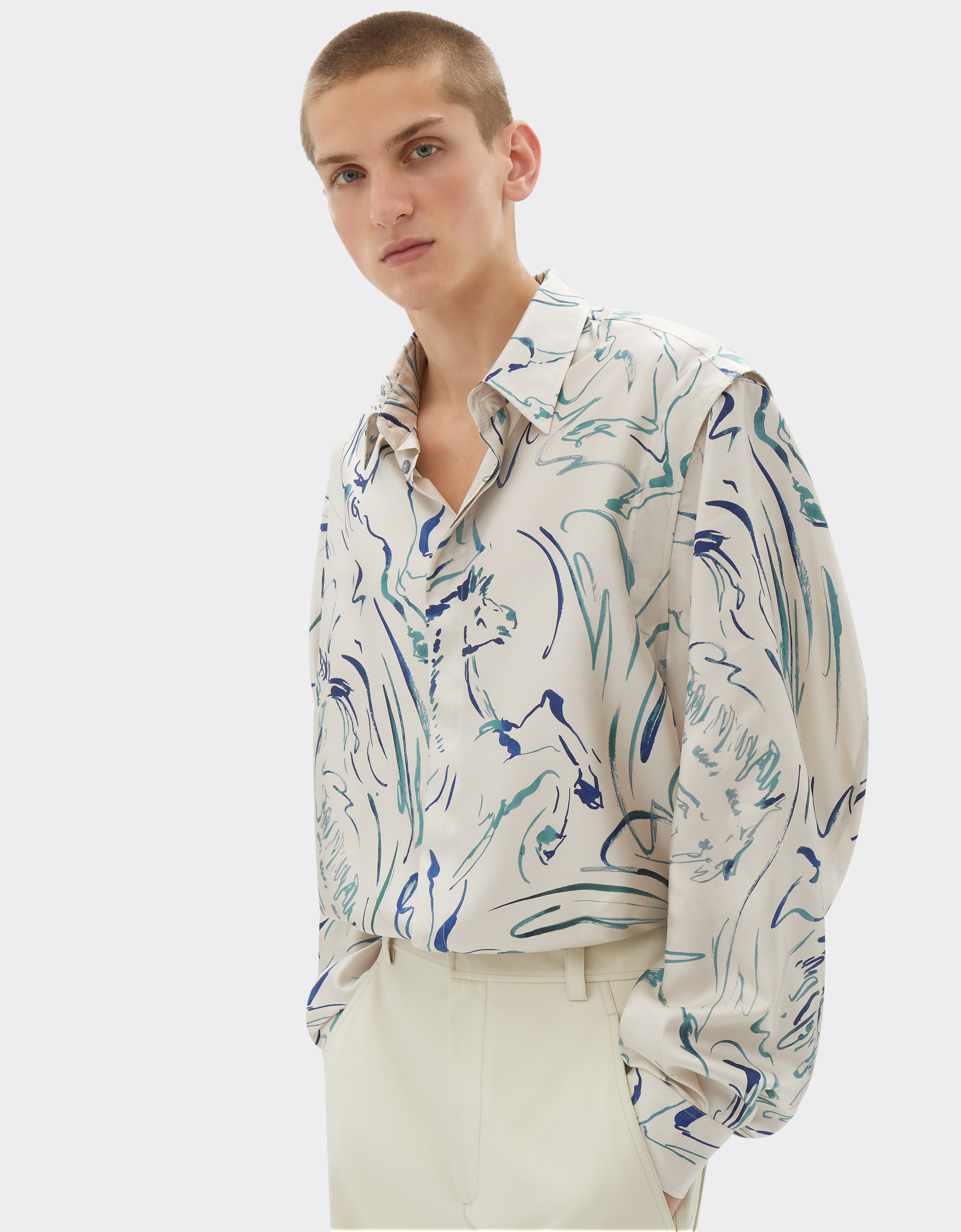 Ferrari Silk Shirt With Cavallino Print In Ecru