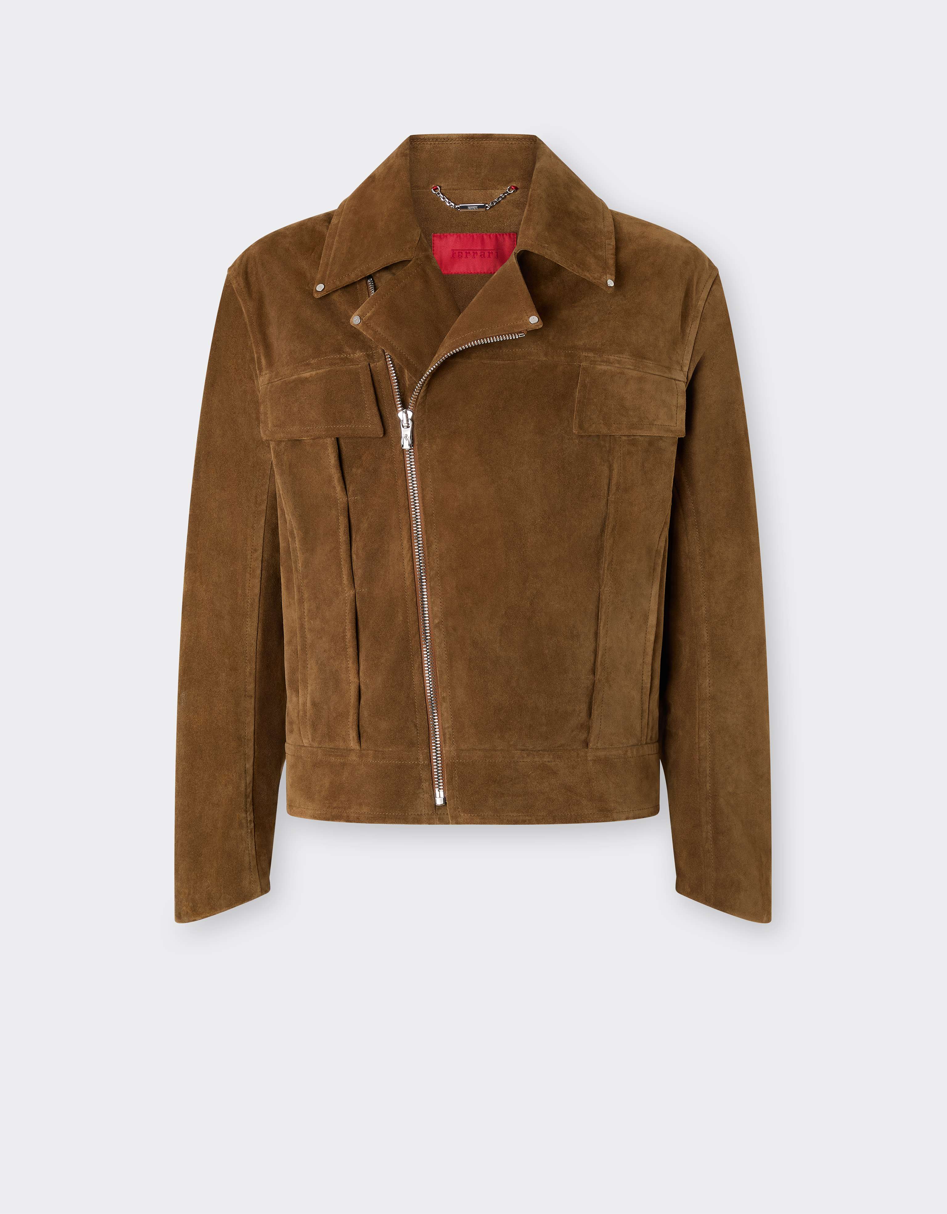Ferrari Suede Biker Jacket With Prancing Horse In Brown
