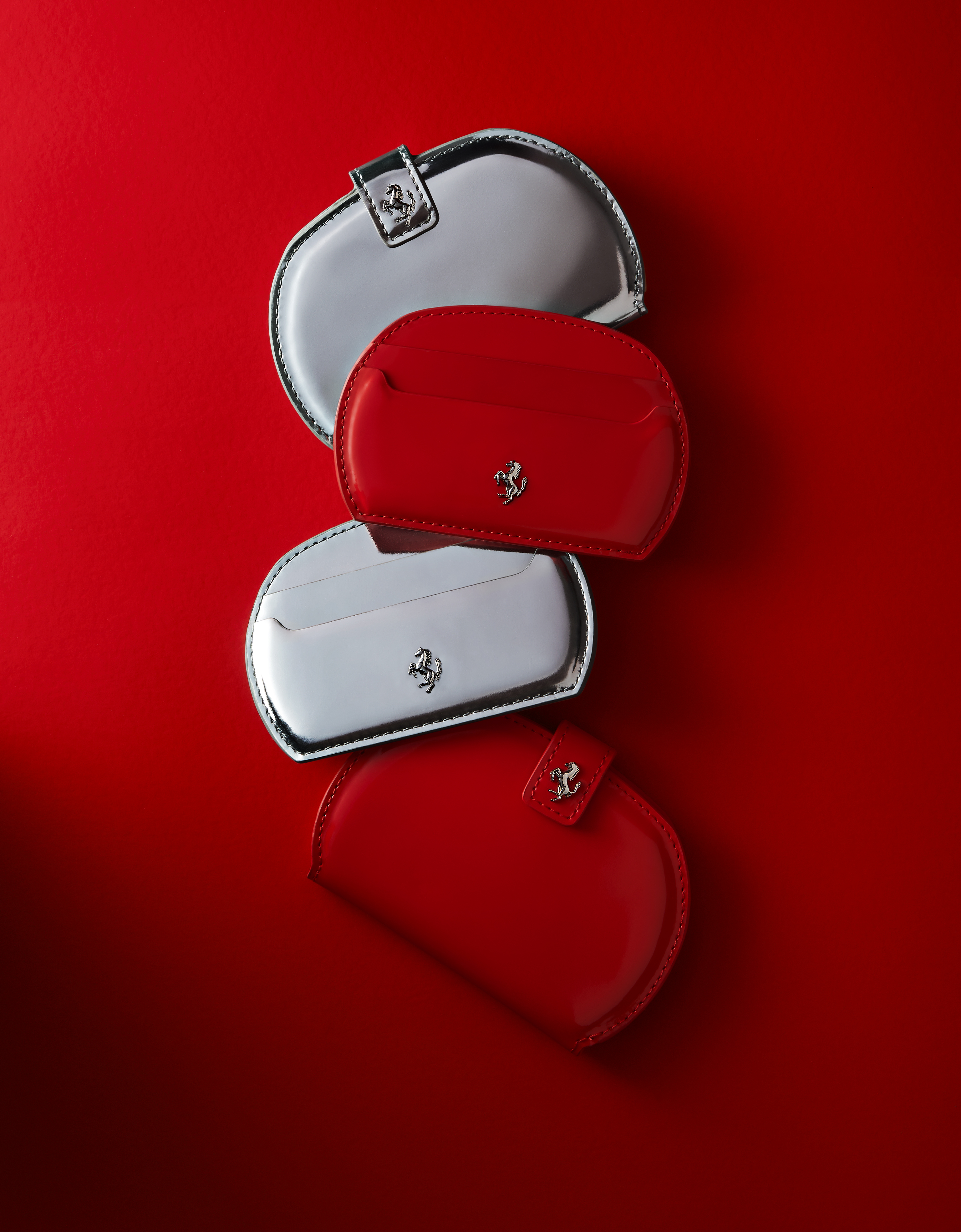 Ferrari Foldable Card Holder In Mirrored Leather In Silver