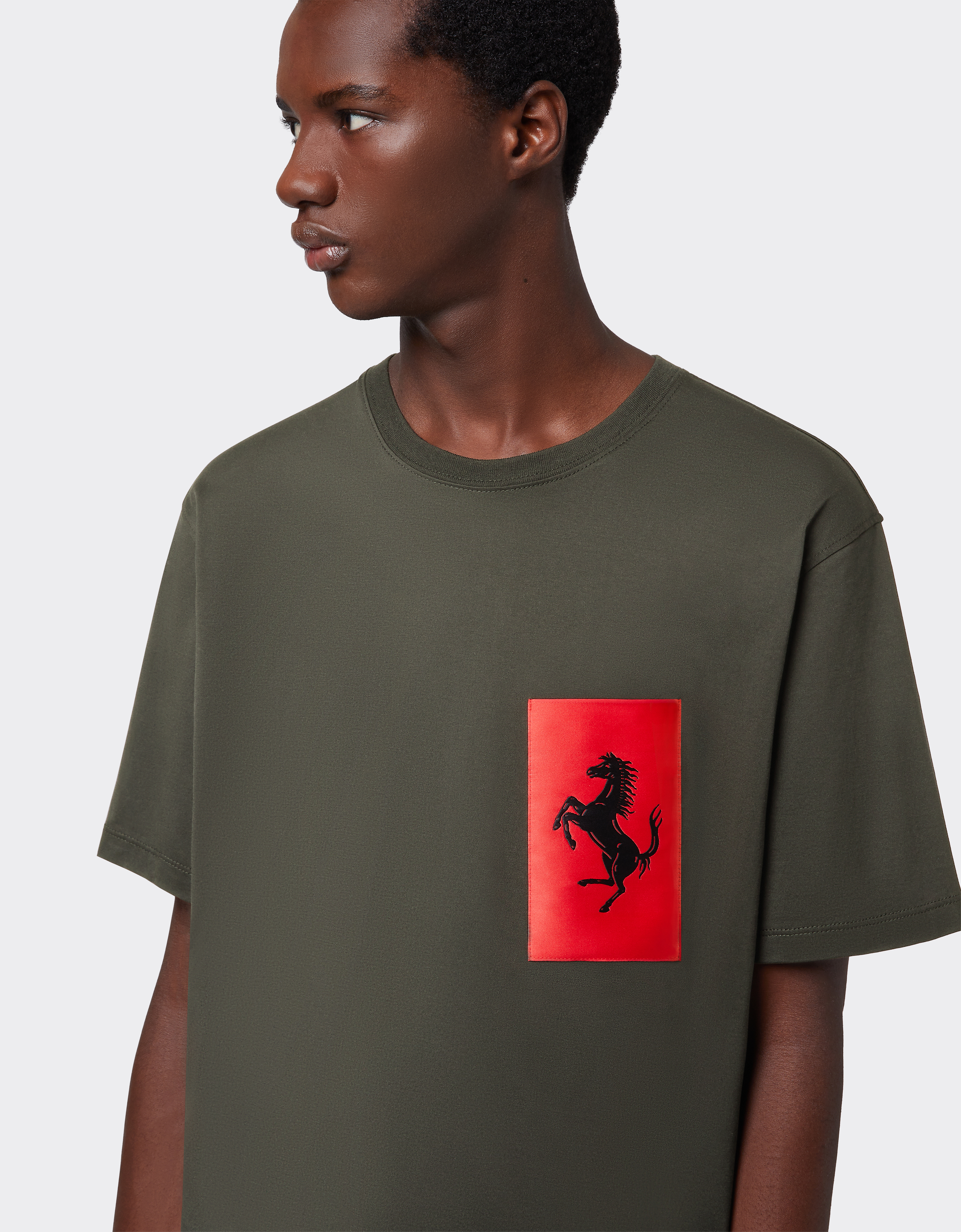 Shop Ferrari Cotton T-shirt With Prancing Horse Pocket In Military