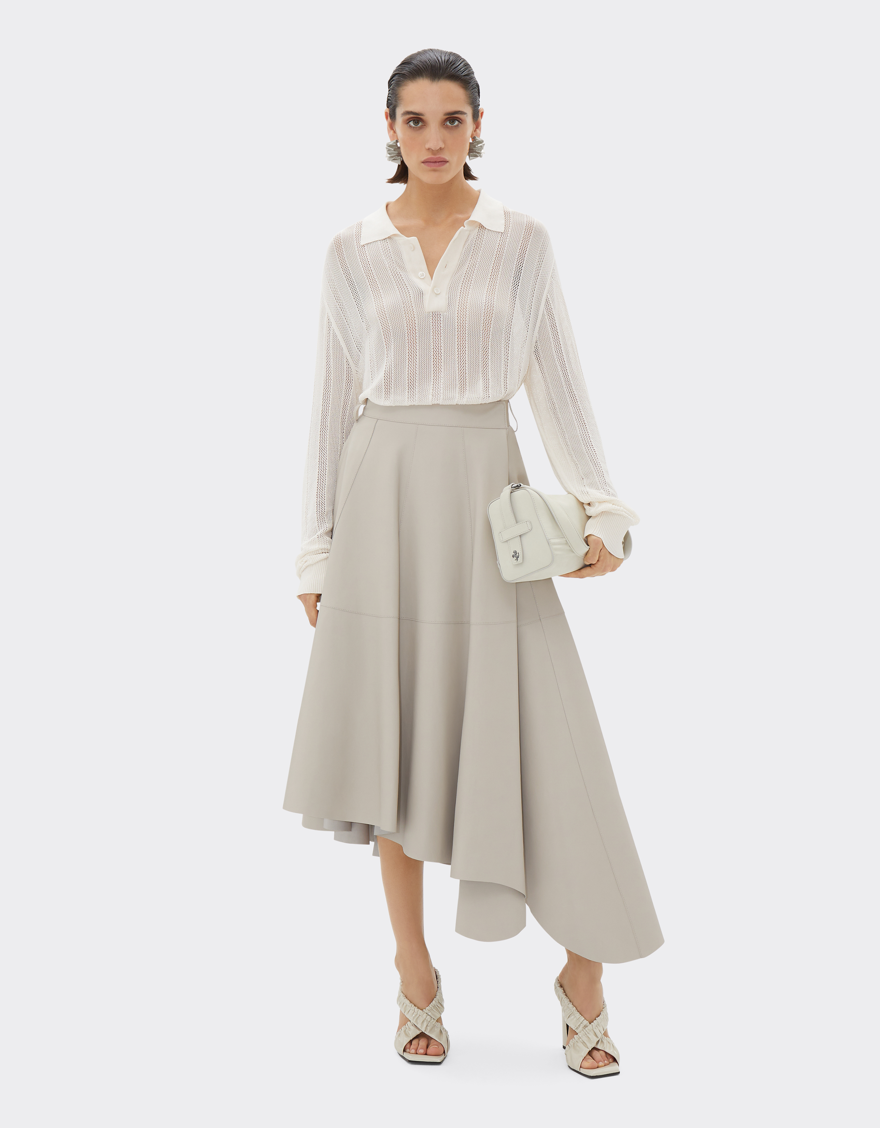 Ferrari Long Asymmetrical Skirt In Nappa Leather In Ecru