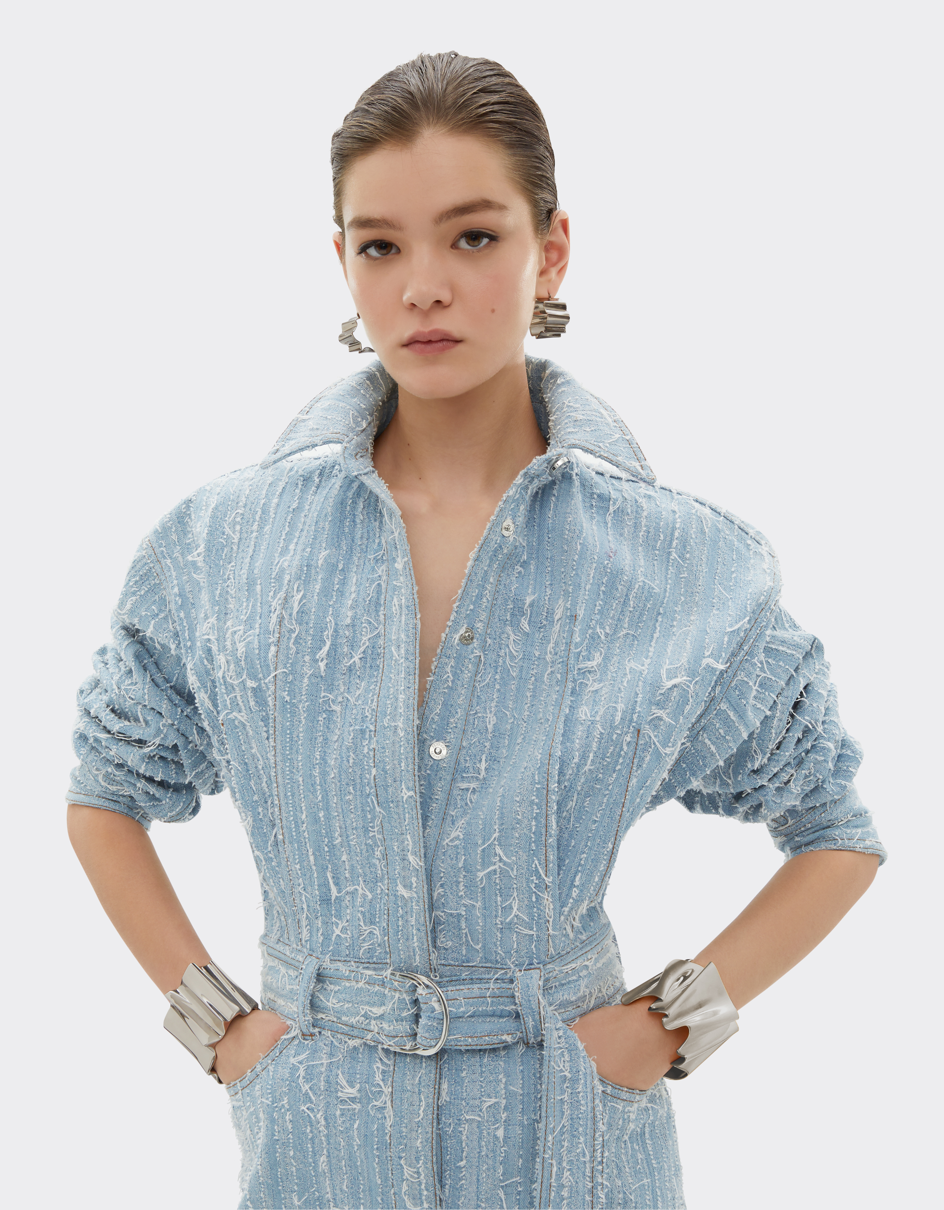 Ferrari Mini Dress In Frayed Faded Denim In Light Denim