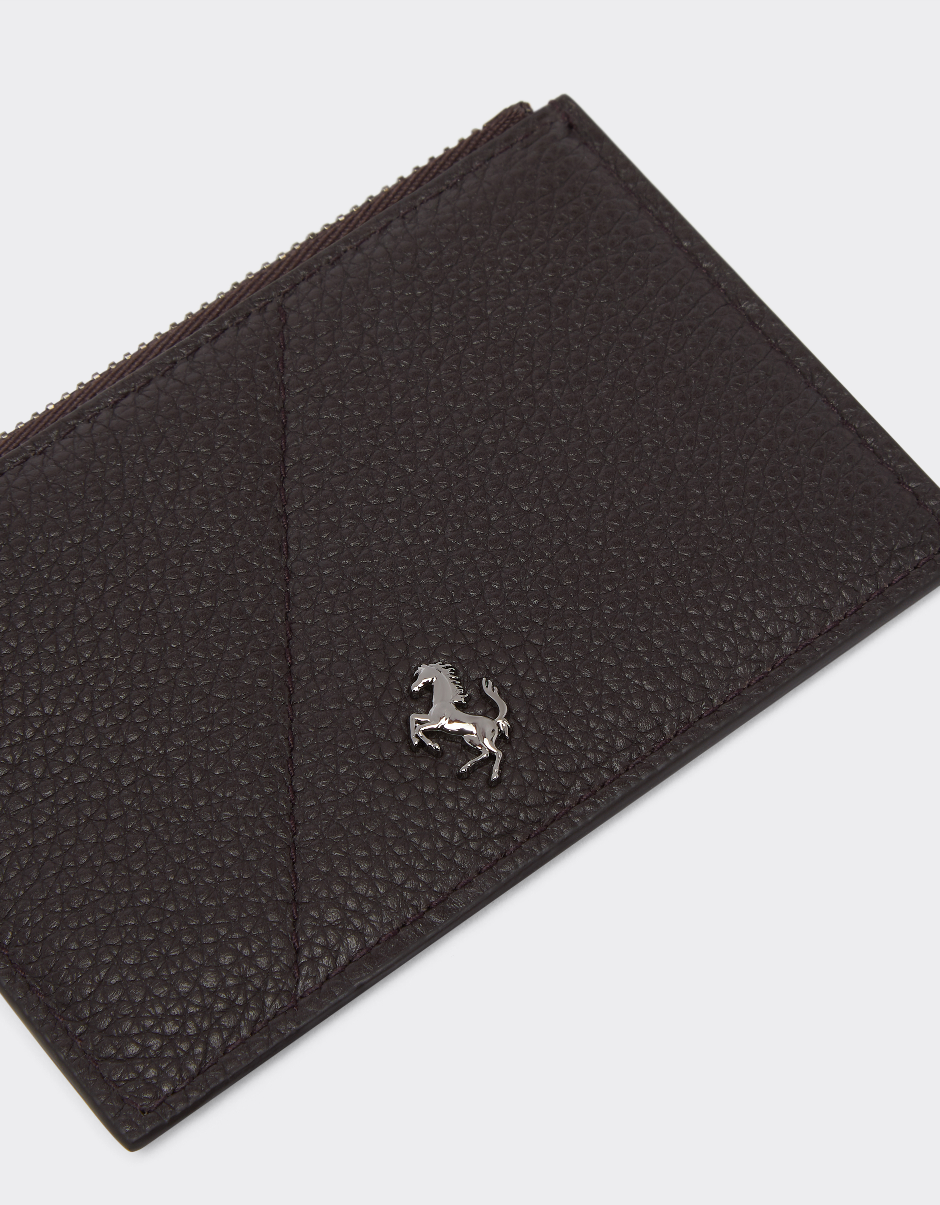 Ferrari Grained Leather Card Case With Zip In Dark Brown