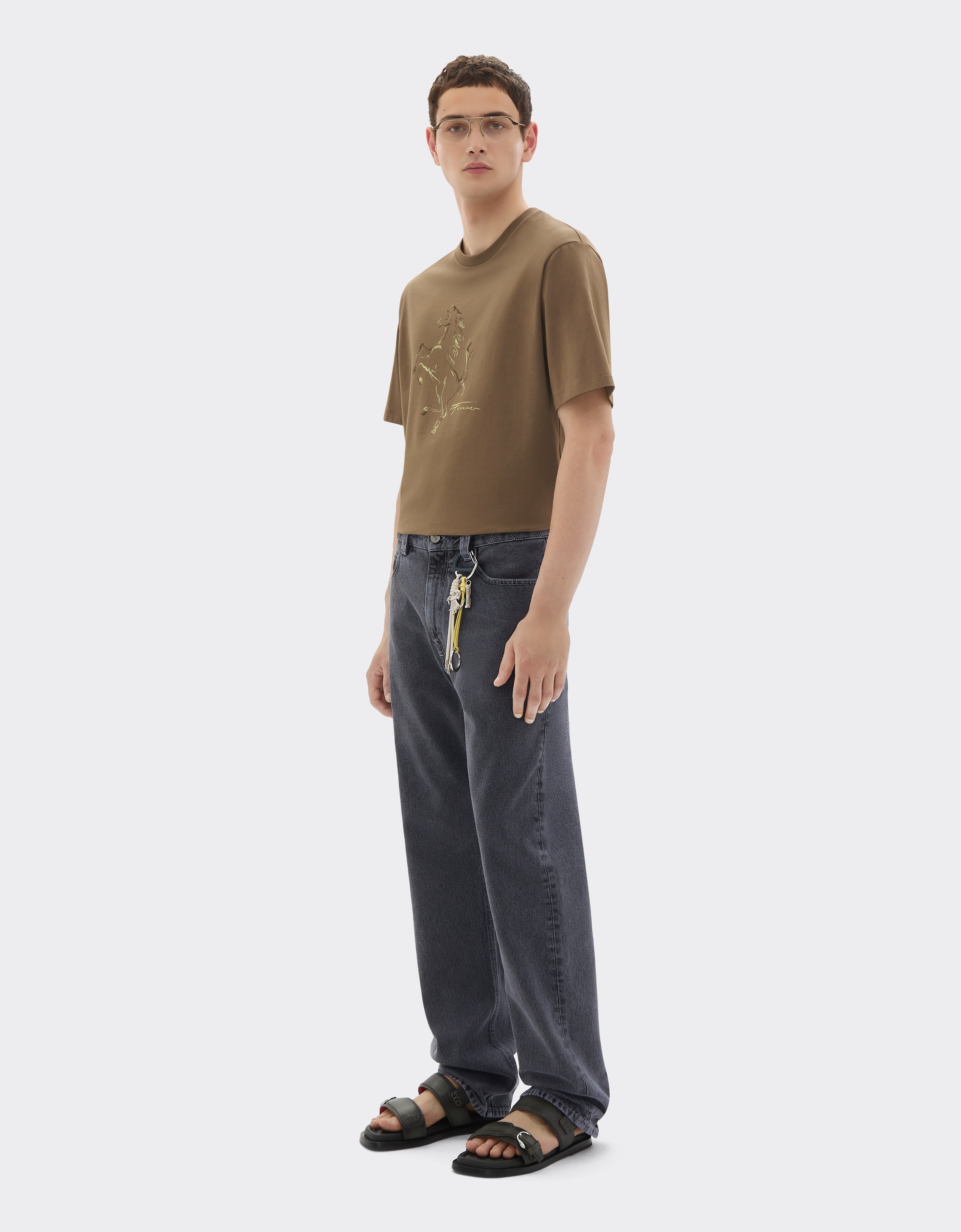 Ferrari Cotton T-shirt With Prancing Horse Print In Brown