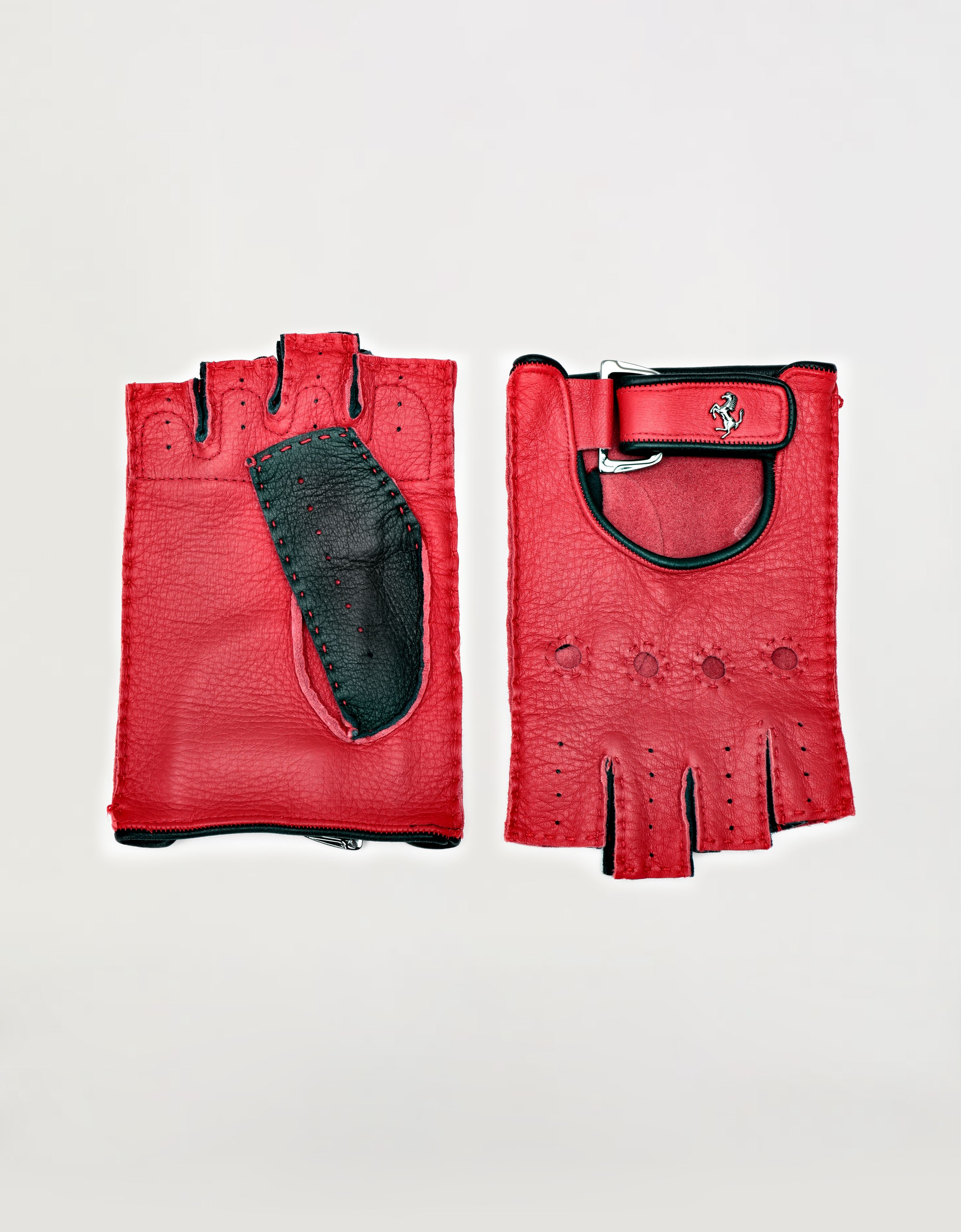 Ferrari Leather Driving Gloves With Prancing Horse Detail In Rosso Corsa