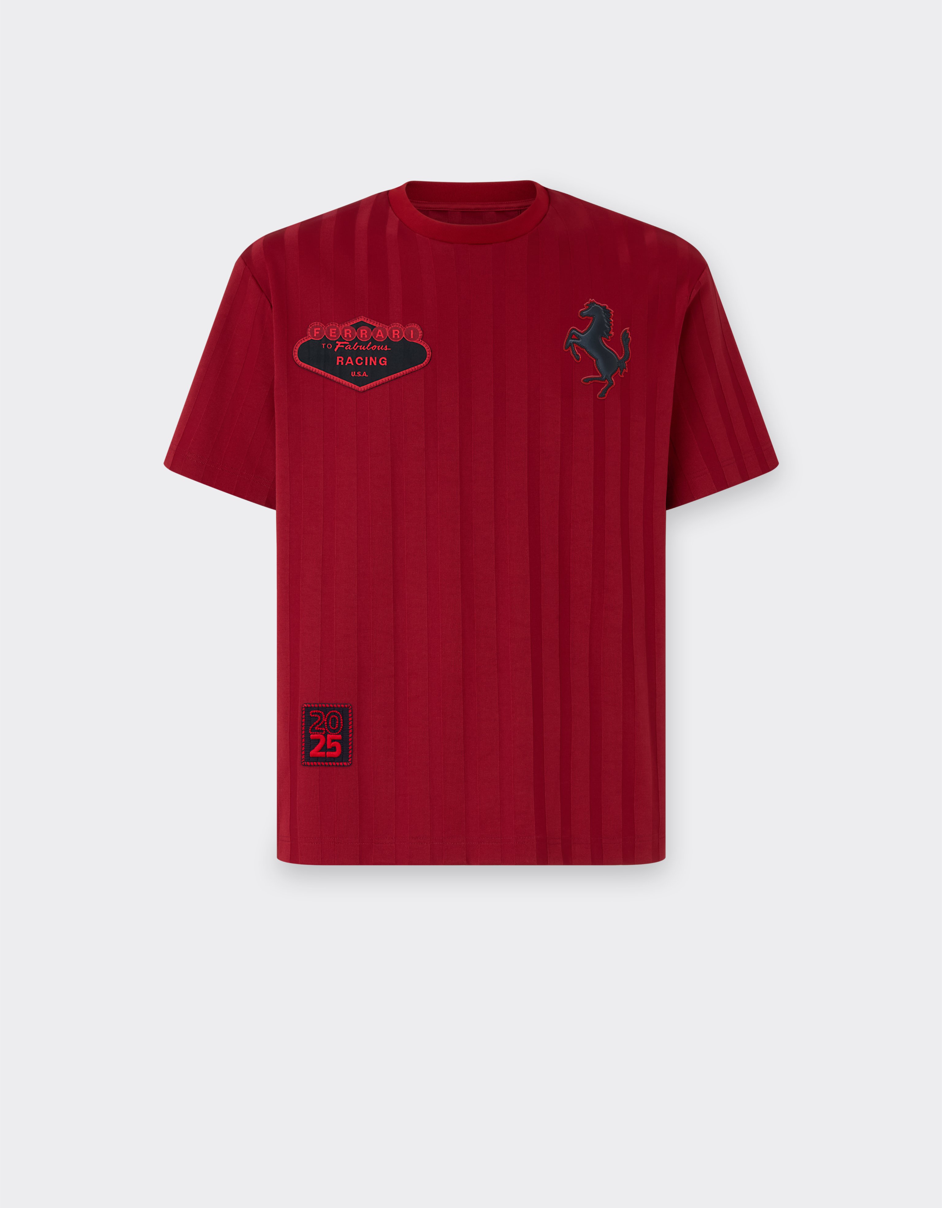 ロッソ・メゾンのメンズ ストライプコットン Tシャツ Ferrariロゴ