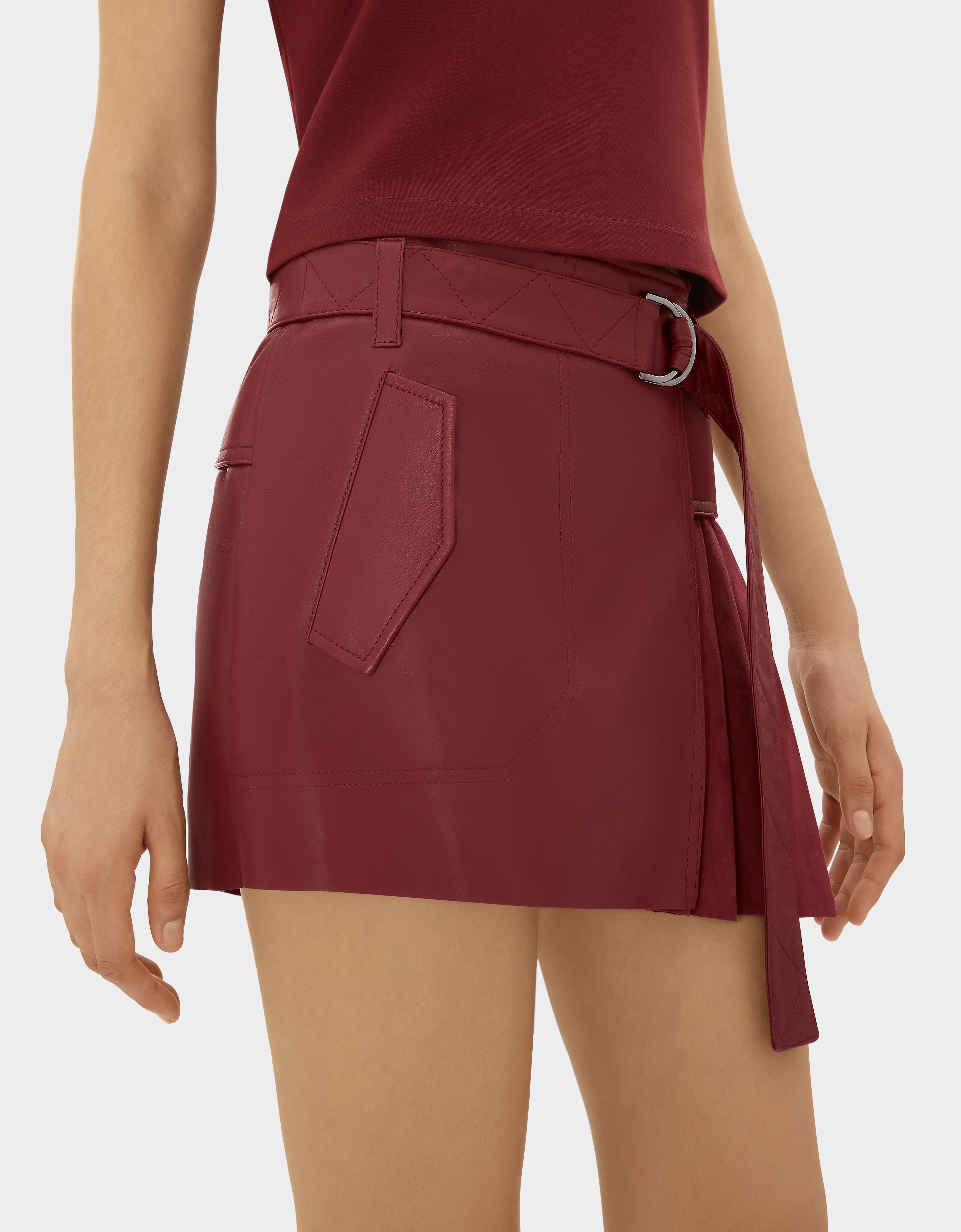 Shop Ferrari Pleated Skirt In Suede And Leather In Burgundy