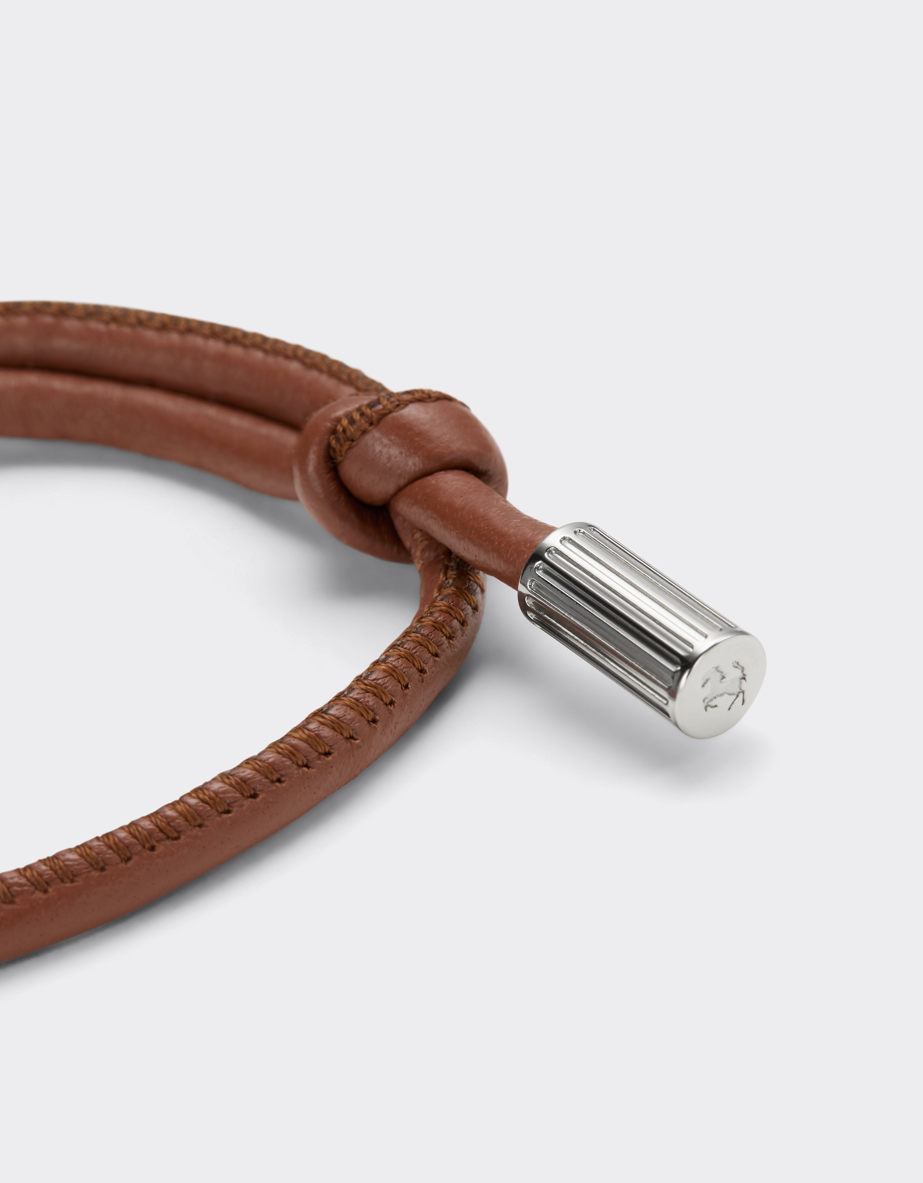 Ferrari Tubular Leather Bracelet With Engraved Prancing Horse In Brown