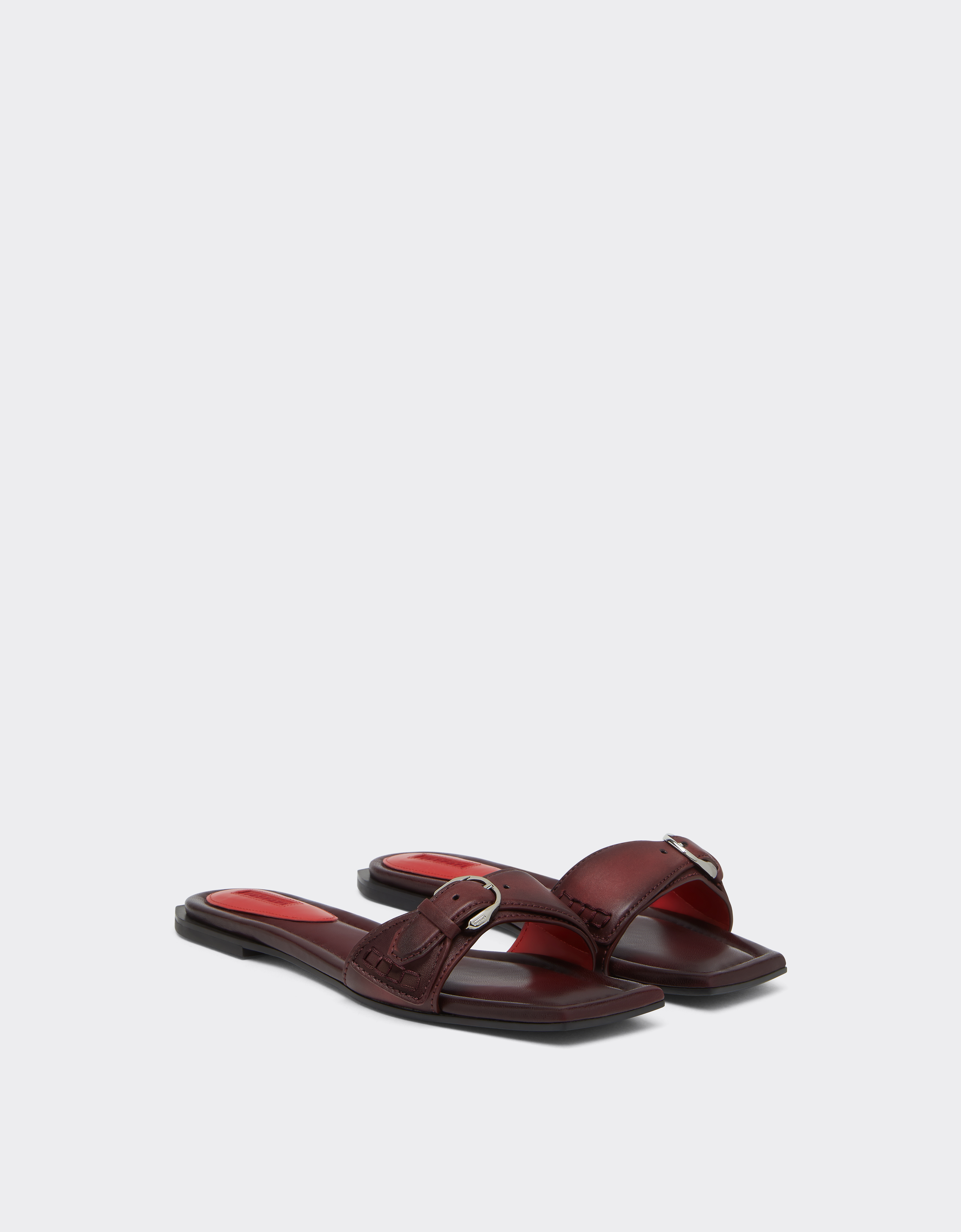 Ferrari Flat Leather Sandals In Burgundy