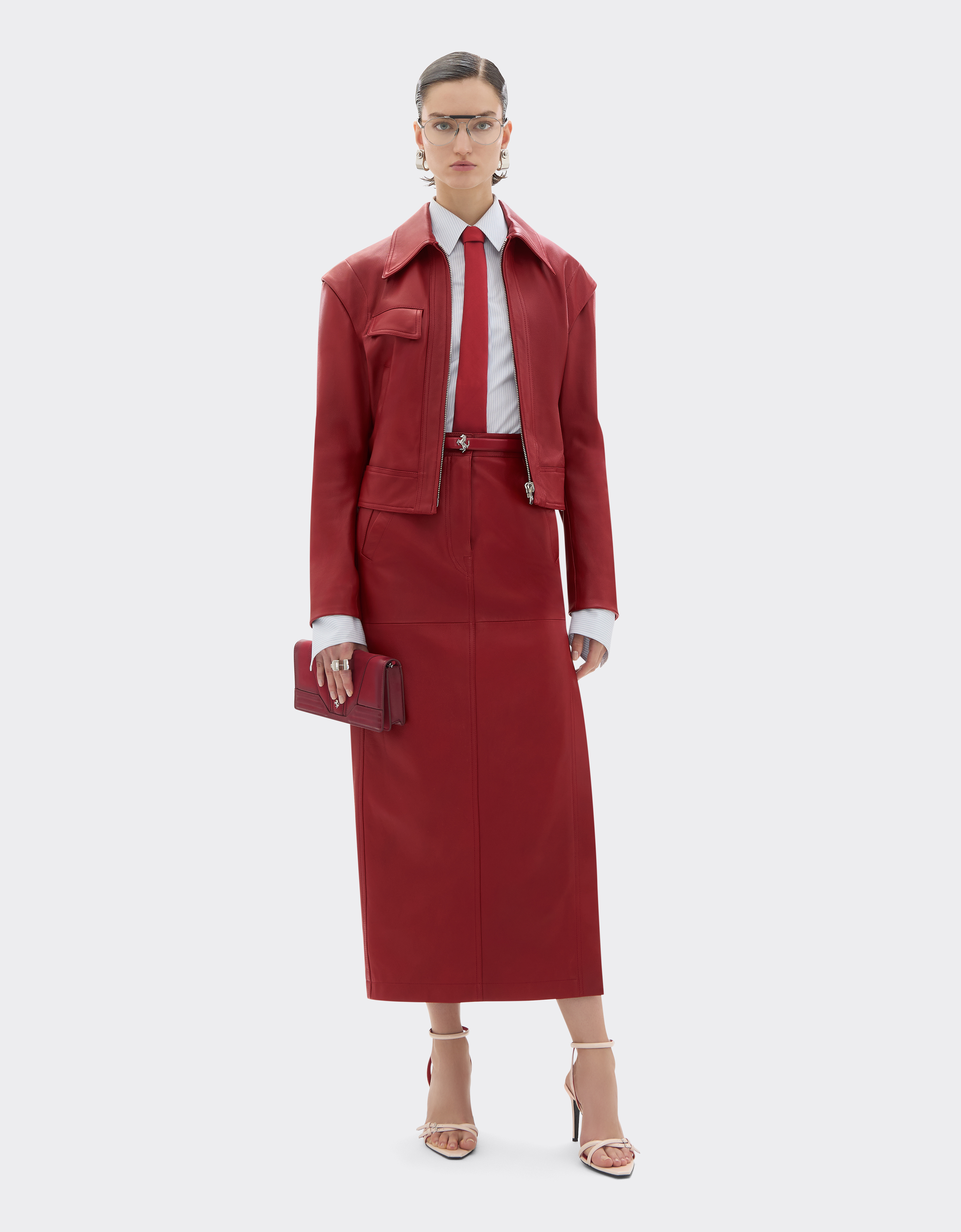 Ferrari Midi Skirt In Deer-effect Nappa Leather In Burgundy
