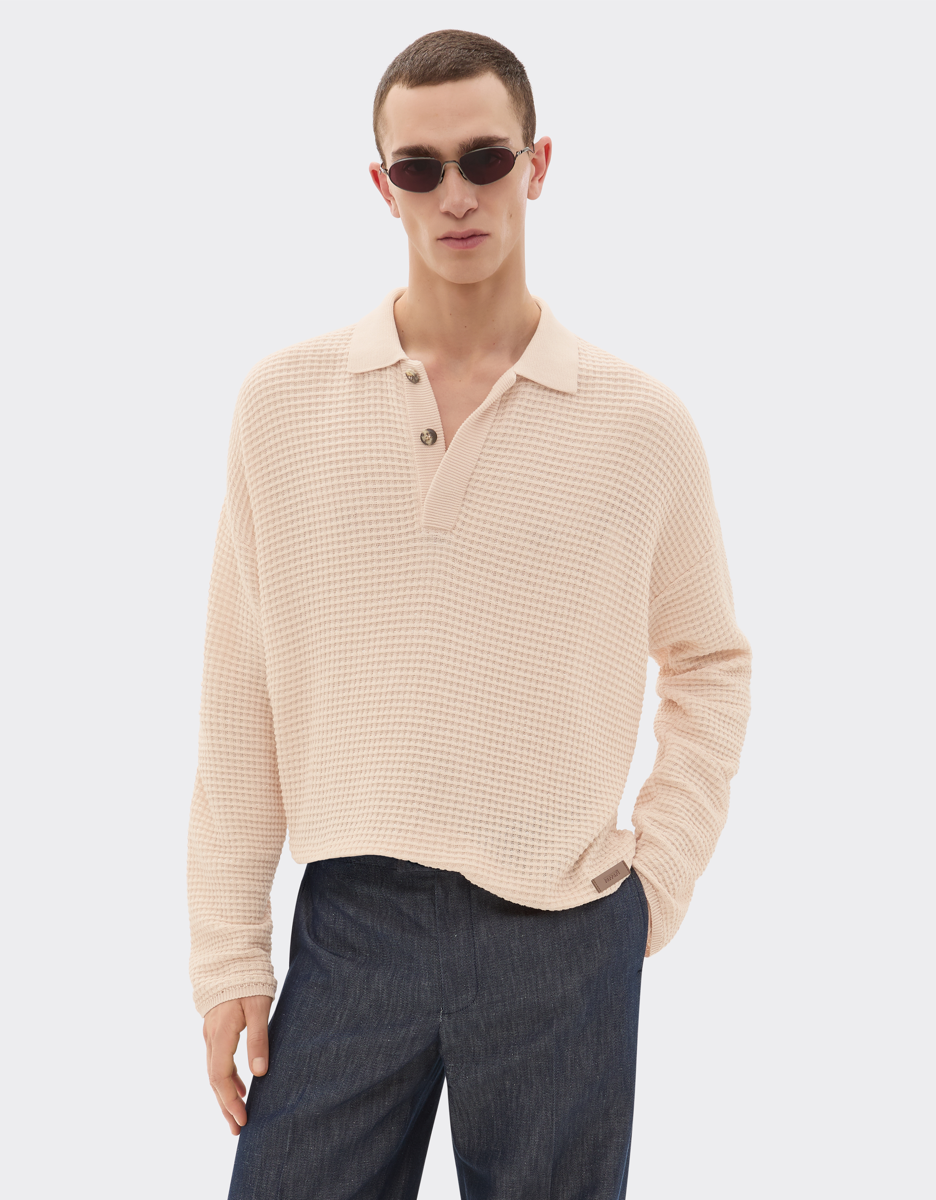 Ferrari Cotton And Linen Long-sleeved Polo Shirt With Link Pattern
