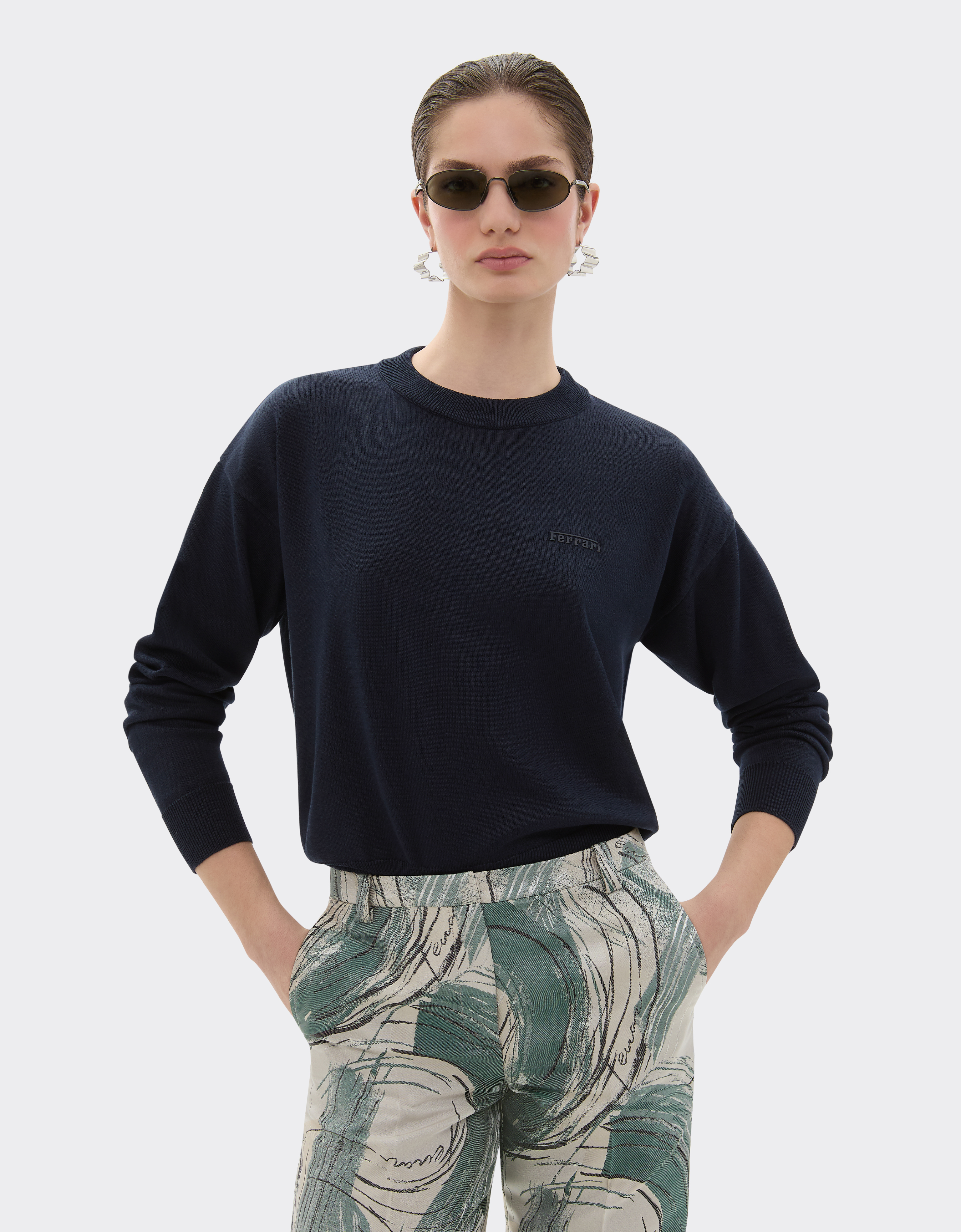 Ferrari Cotton And Silk Jumper With  Logo In Navy