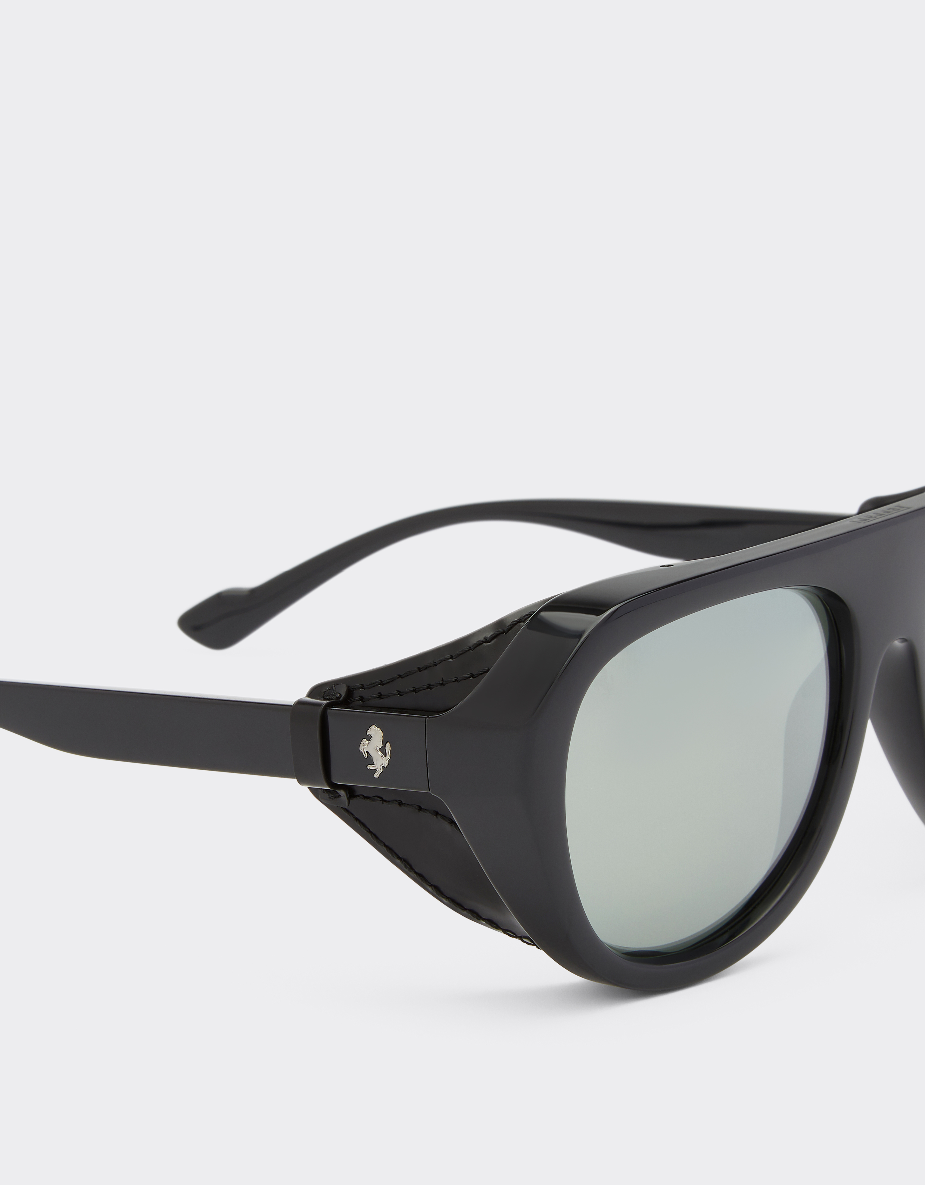 Ferrari Black Sunglasses With Leather Details And Polarised Mirror Lenses In Black