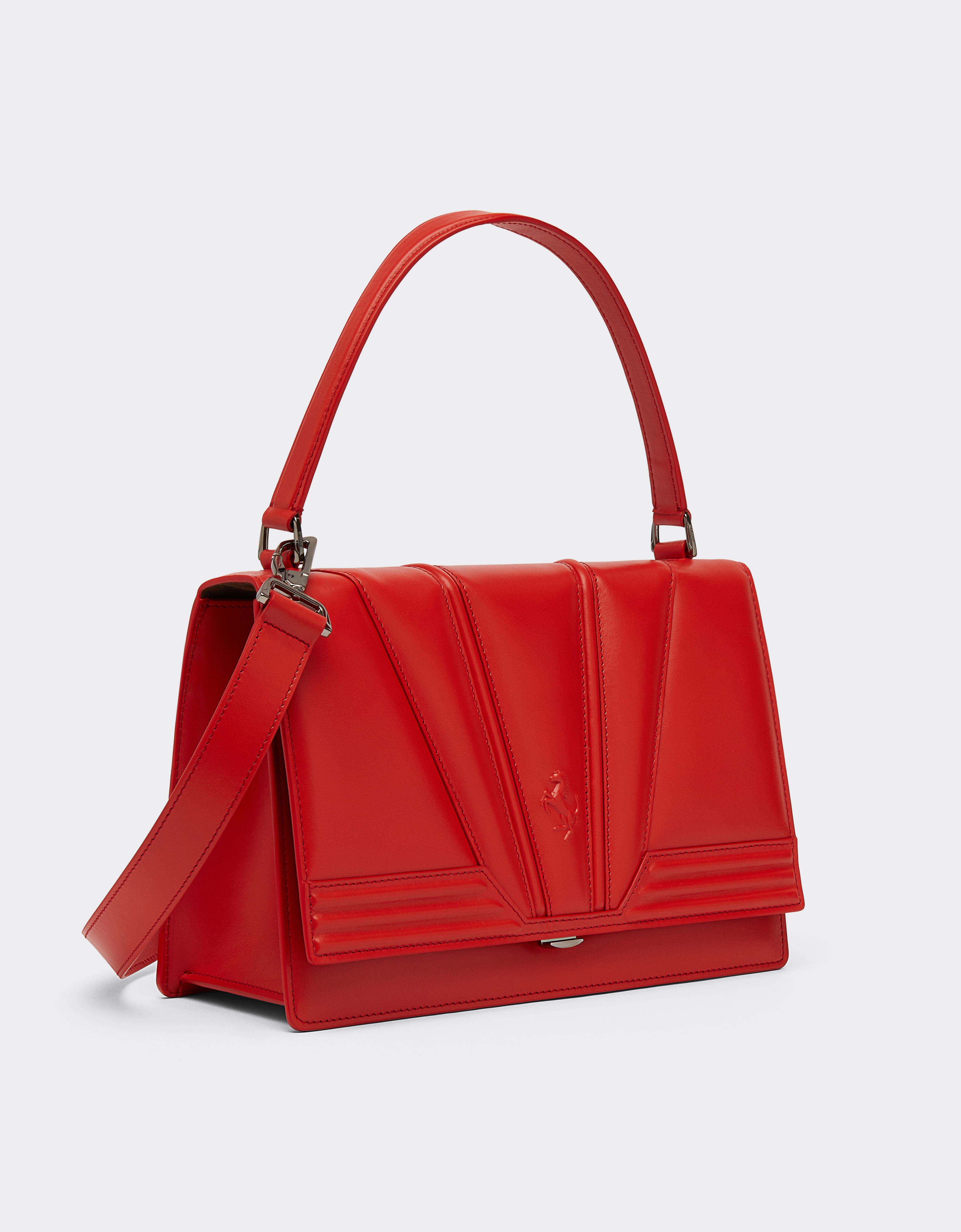 Ferrari Crossbody Bag In Smooth Leather With 3d Motifs In Rosso Dino