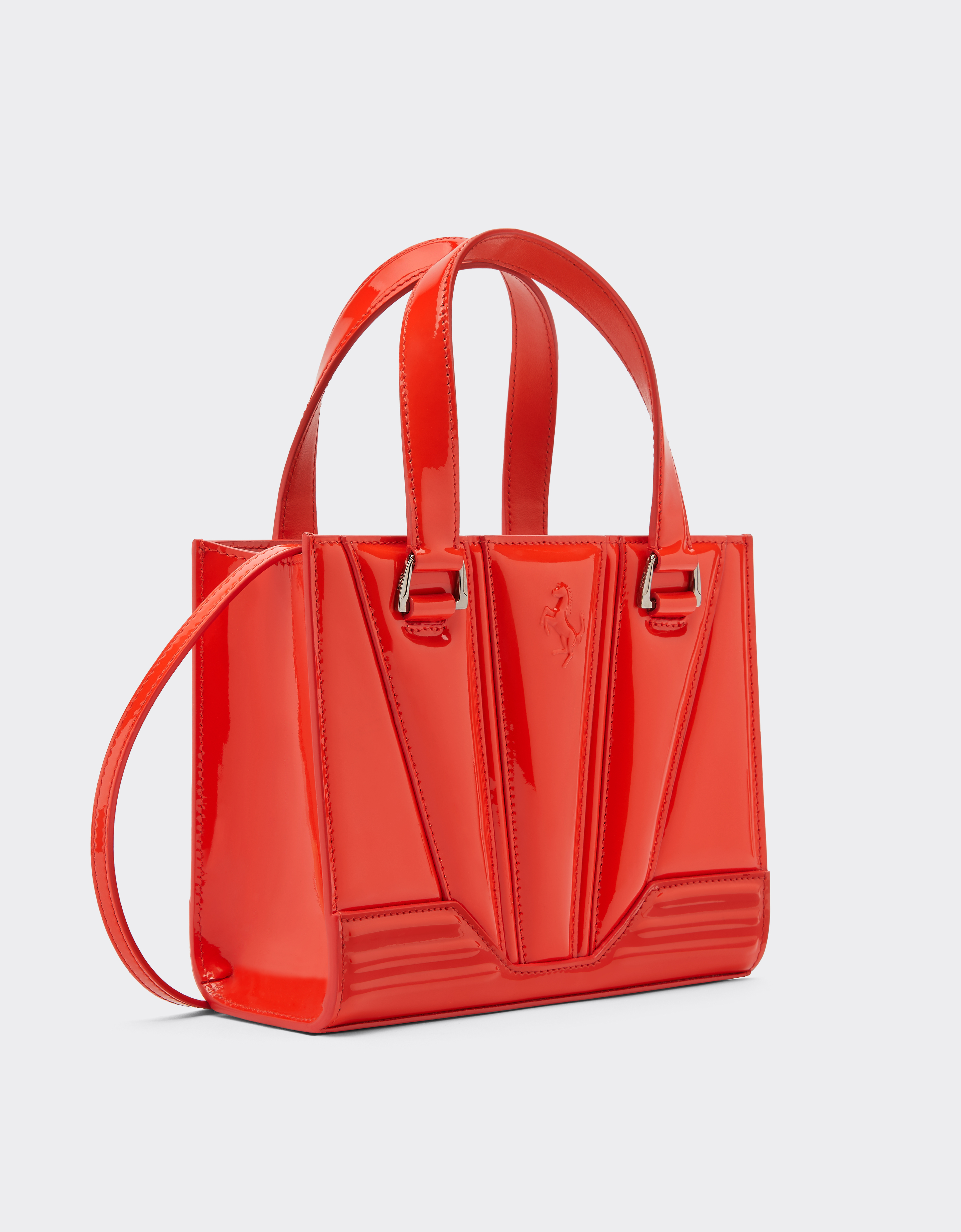 Ferrari Mini Tote Gt Bag In Glossy Patent Leather With Prancing Horse Detail In Rosso Dino