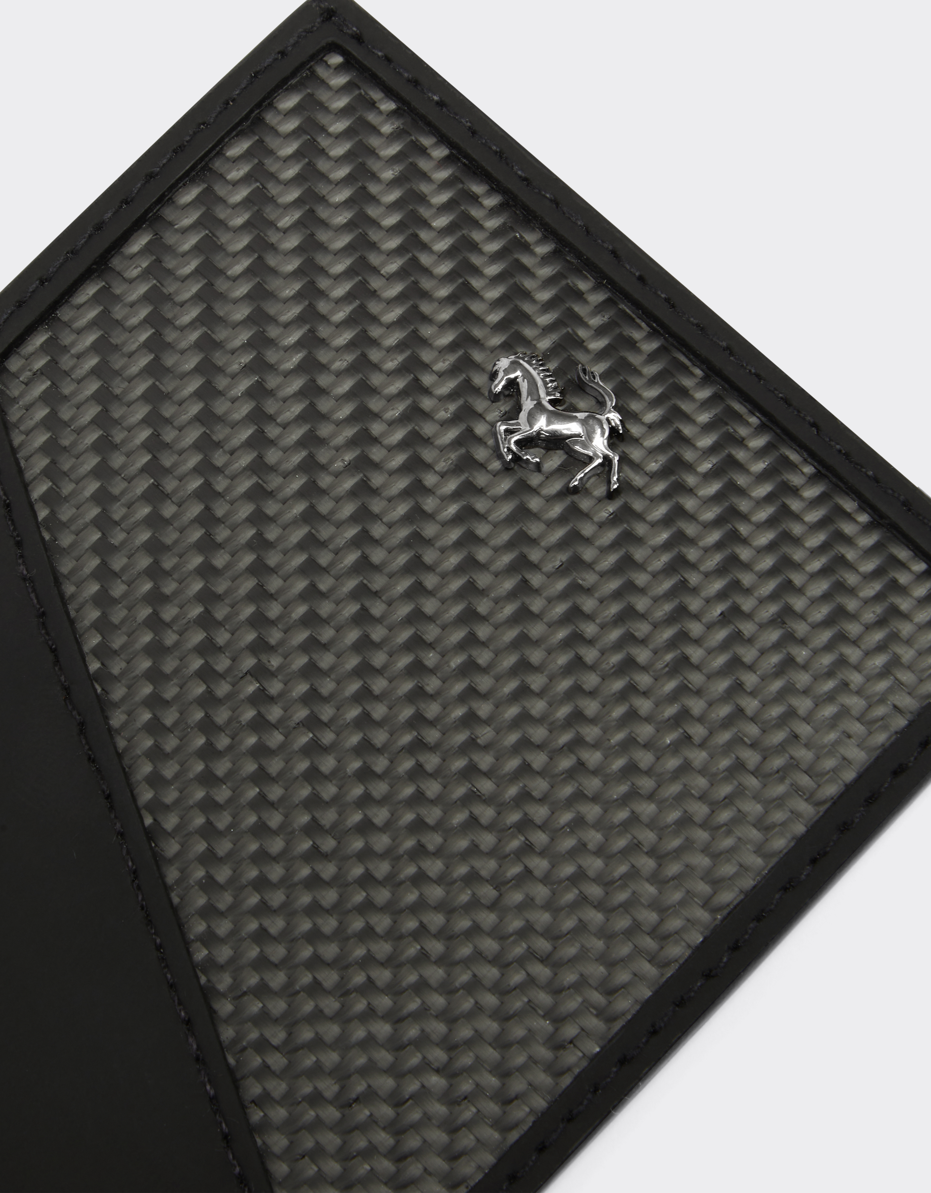 Ferrari Card Holder In Wrinkle-effect Leather And Carbon Fibre In Black