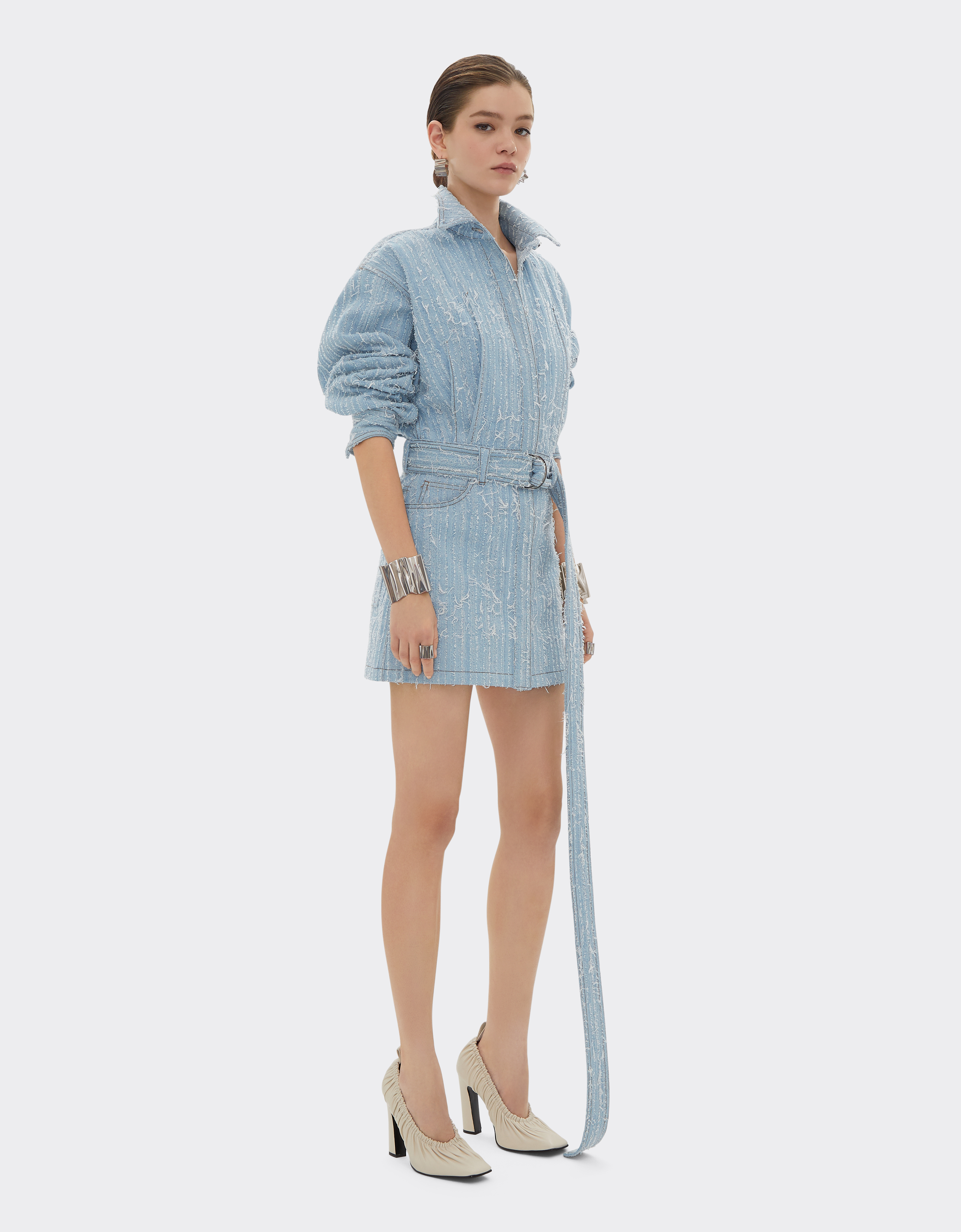 Ferrari Mini Dress In Frayed Faded Denim In Light Denim
