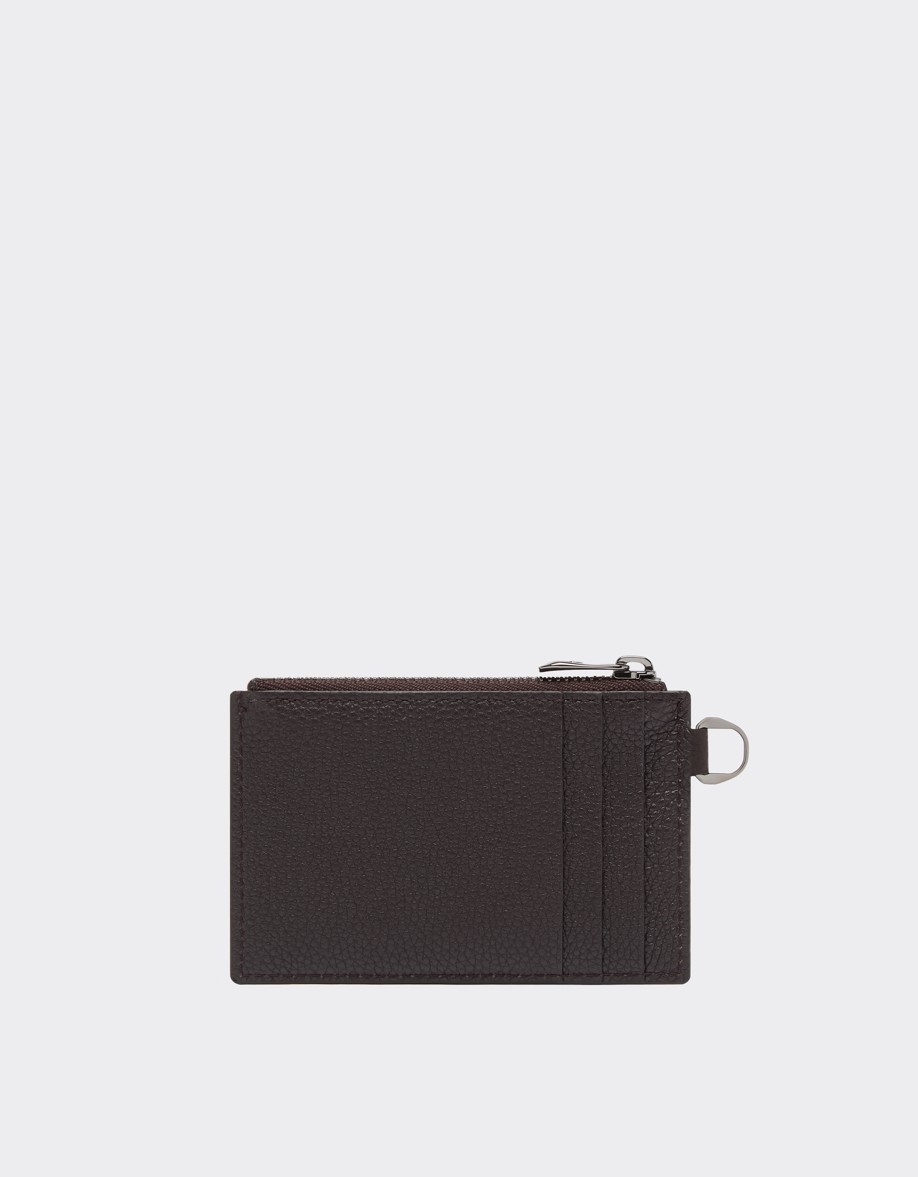 Ferrari Grained Leather Card Case With Zip In Dark Brown