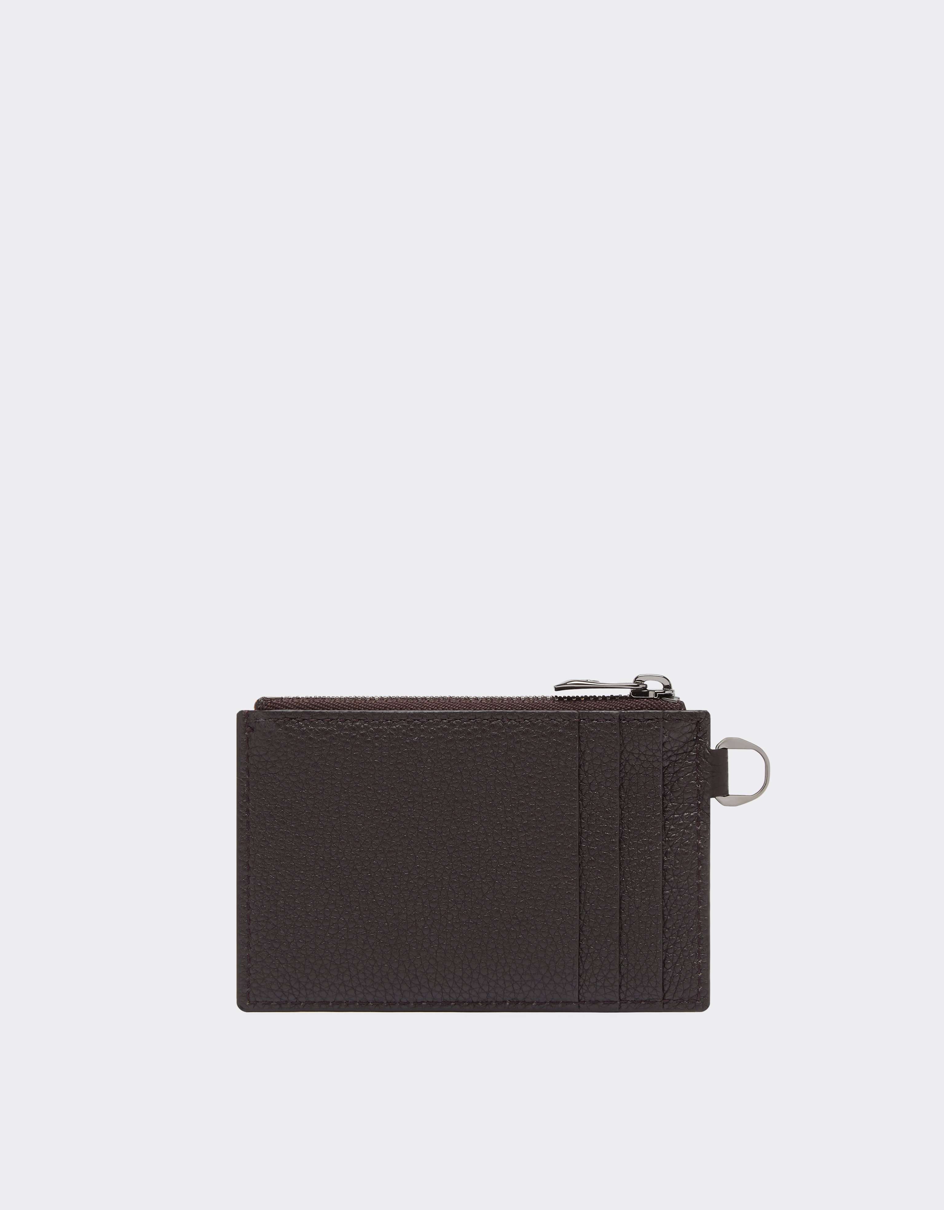 Ferrari Grained Leather Card Case With Zip In Dark Brown