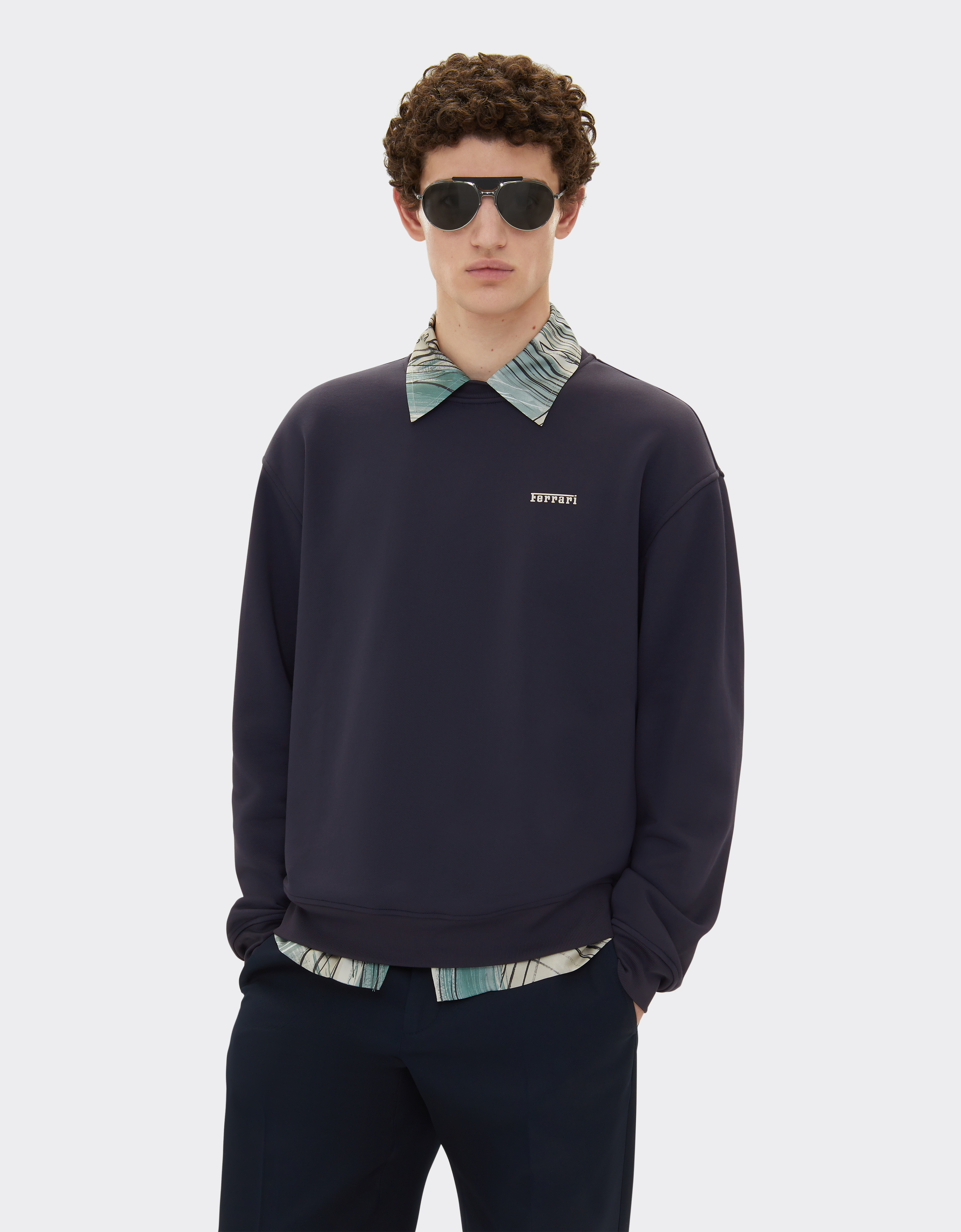 Ferrari Sweatshirt In Technical Fabric With  Logo In Navy