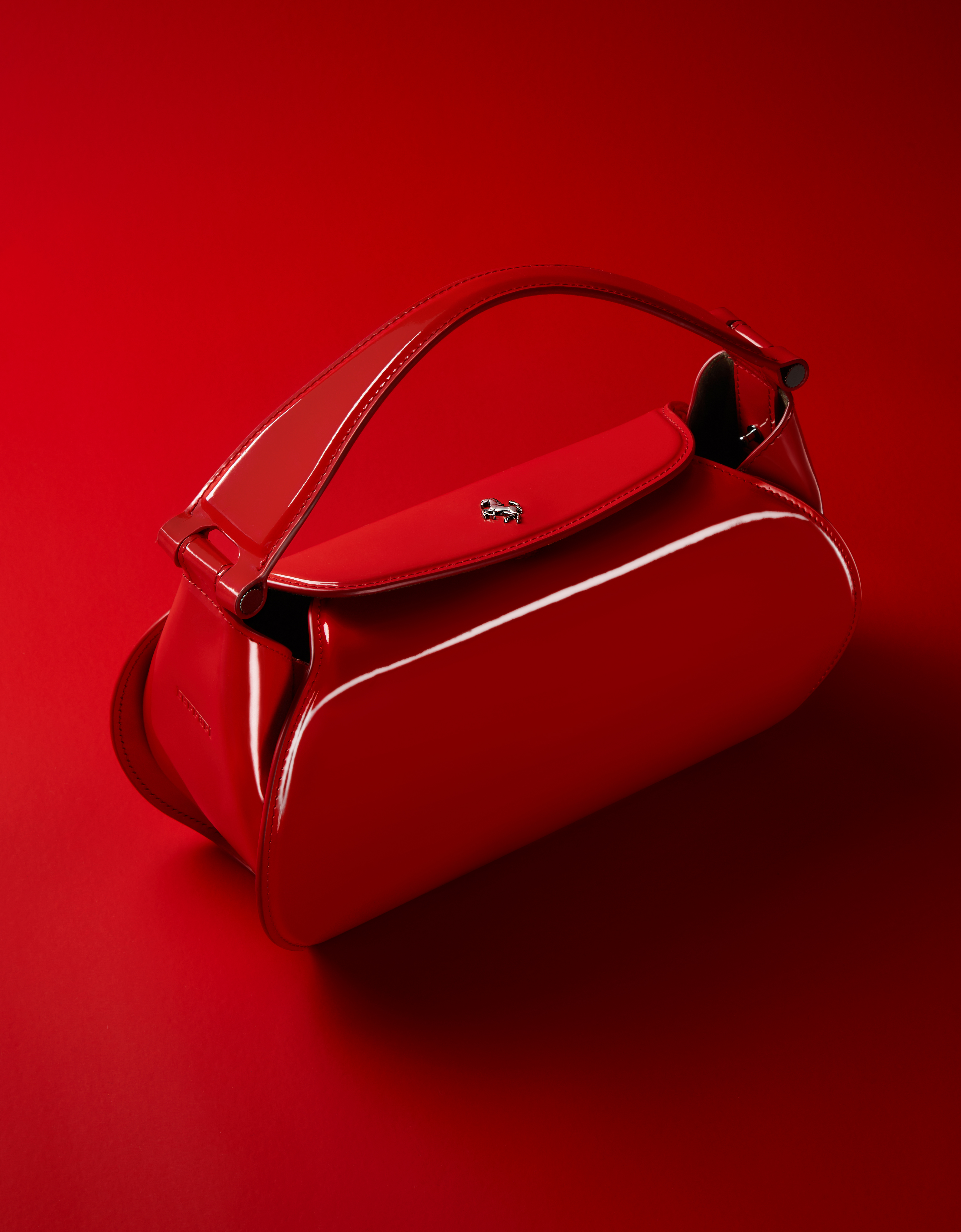 Ferrari Handbag In Glossy Brushed Leather In Rosso Dino