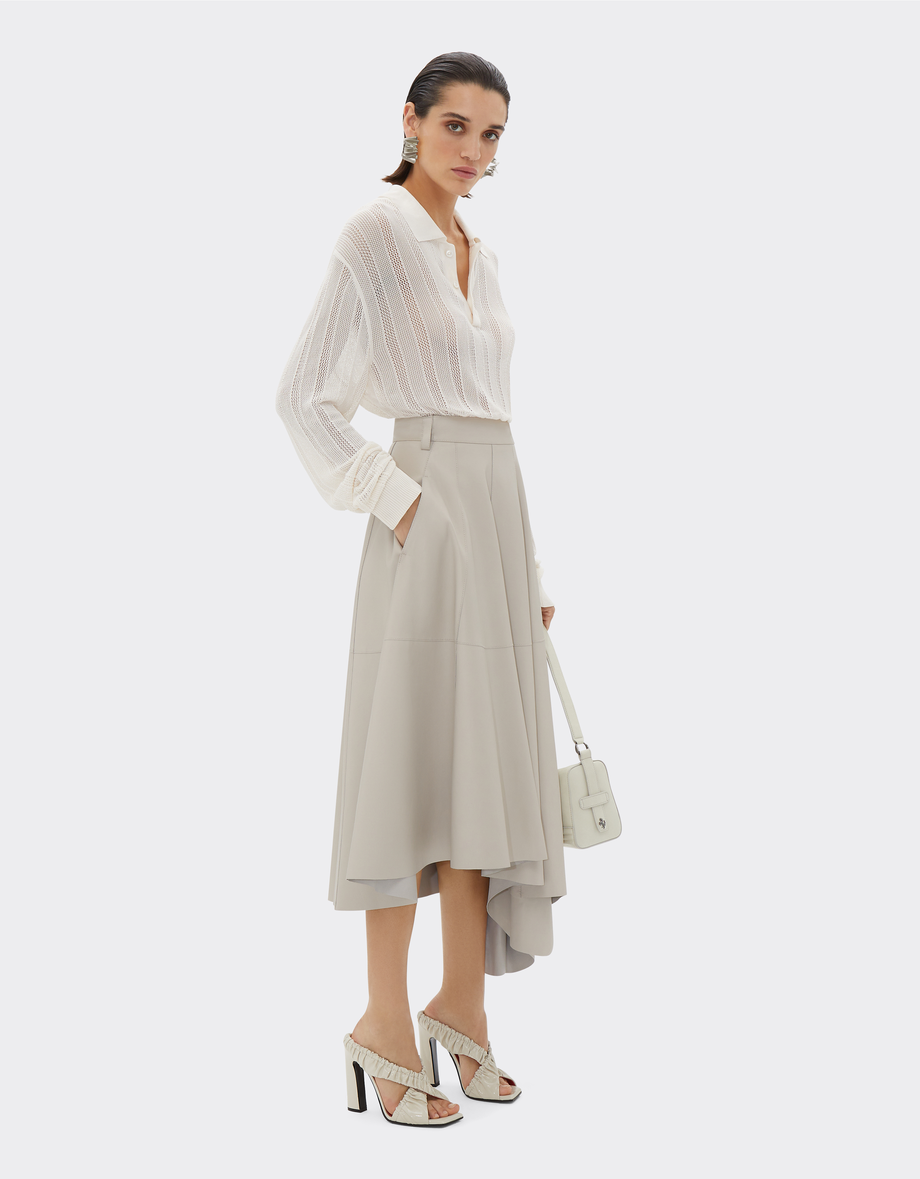 Ferrari Long Asymmetrical Skirt In Nappa Leather In Ecru