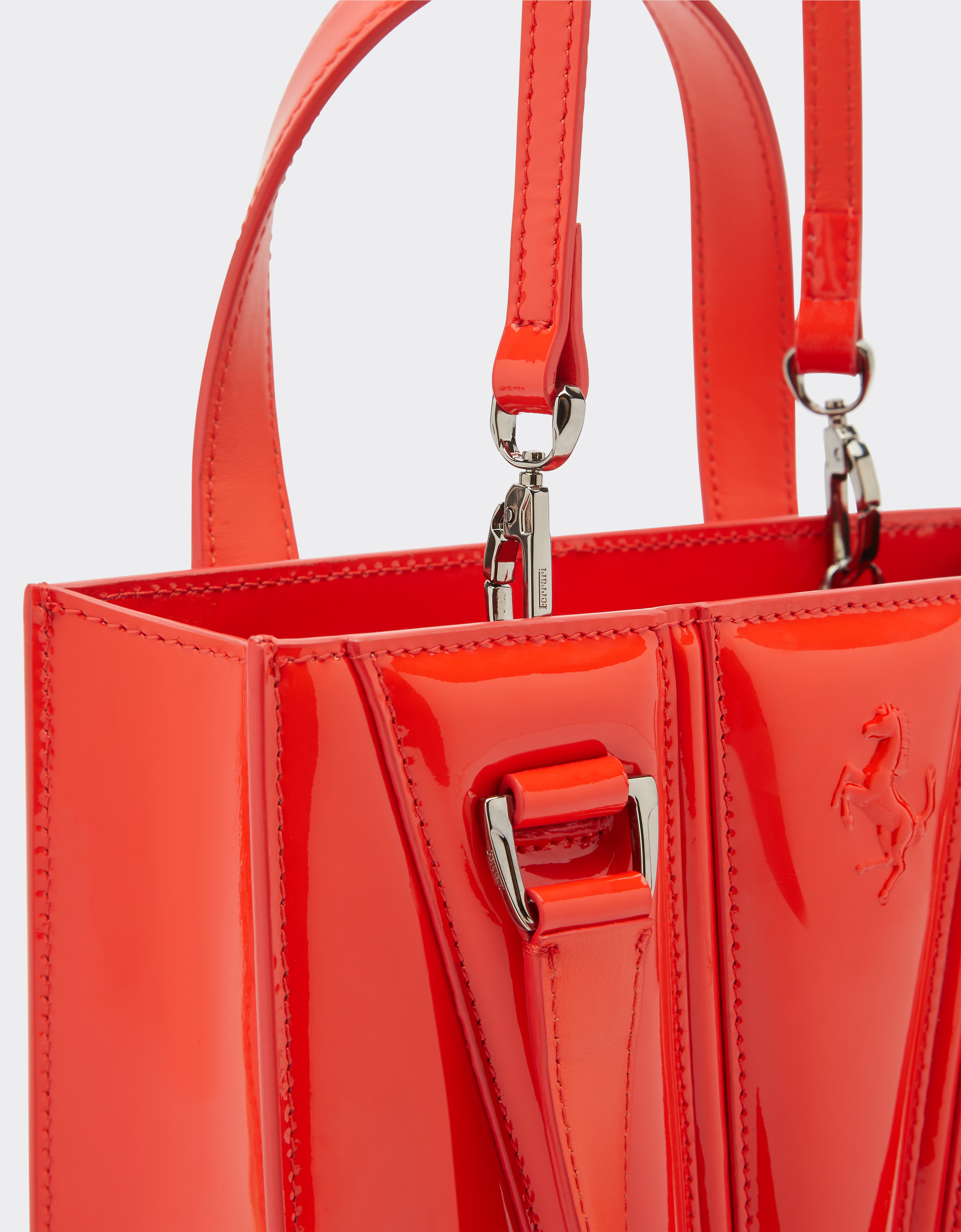 Ferrari Mini Tote Gt Bag In Glossy Patent Leather With Prancing Horse Detail In Rosso Dino