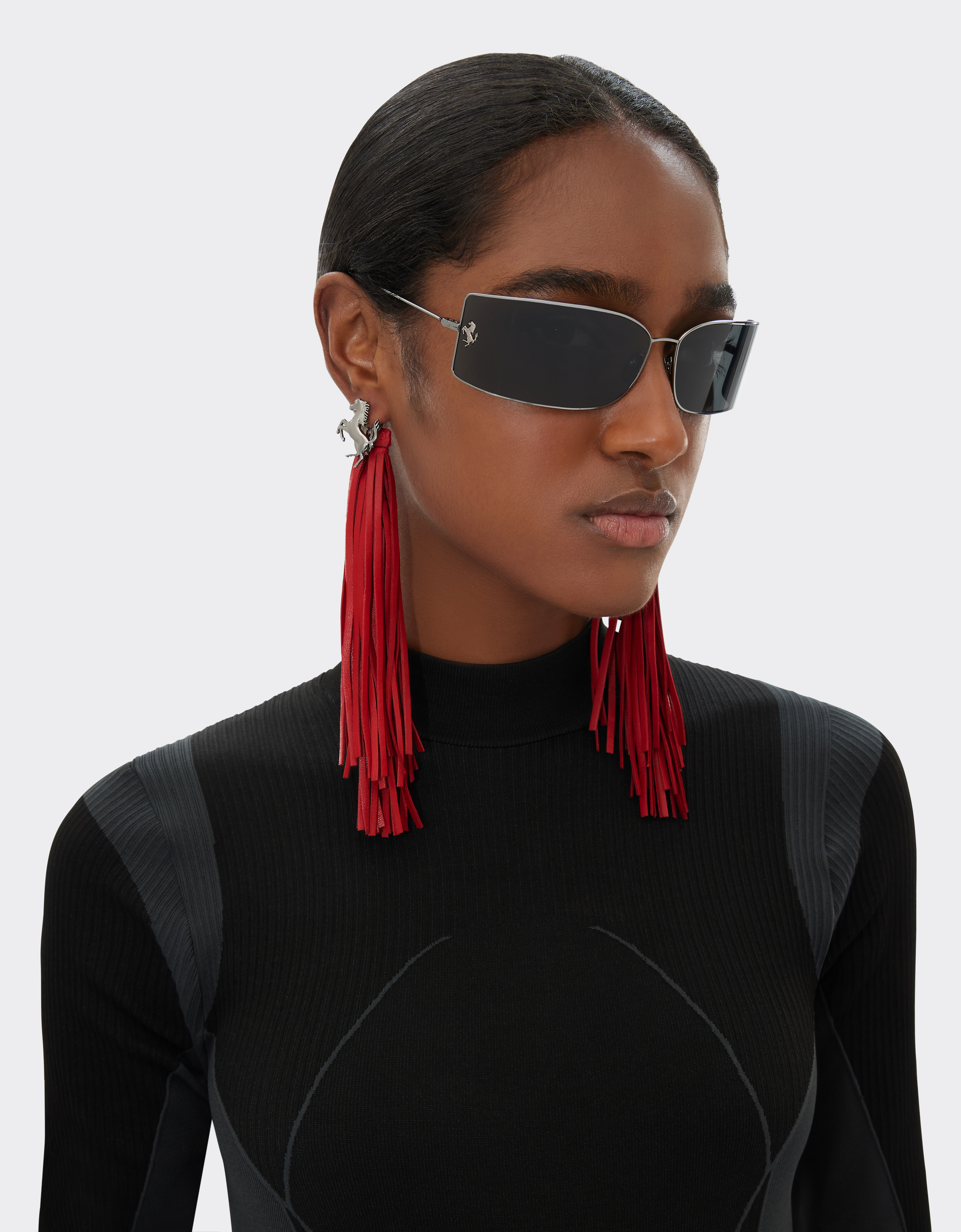Shop Ferrari Earrings With Prancing Horse Detail And Leather Tassel In Rosso Dino