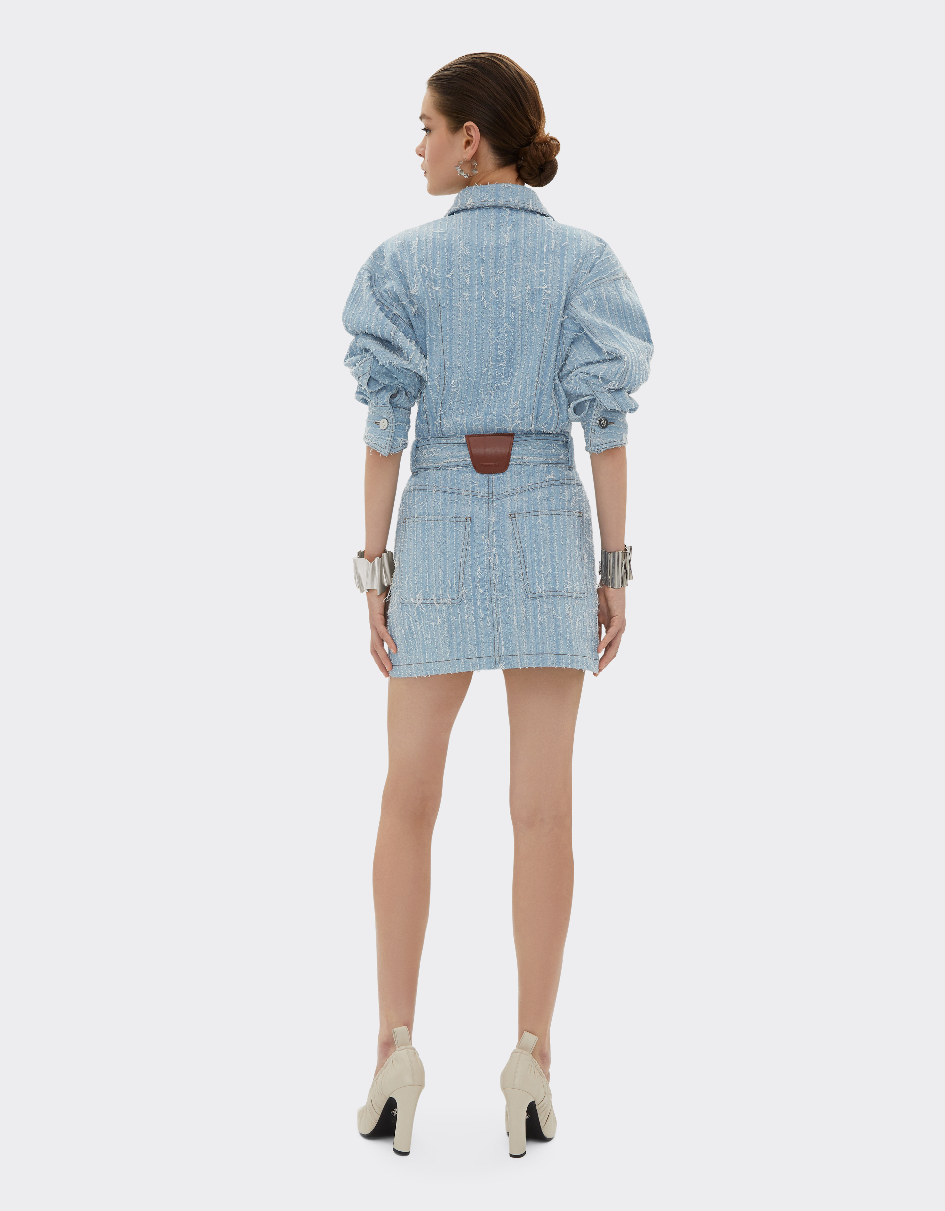 Ferrari Mini Dress In Frayed Faded Denim In Light Denim