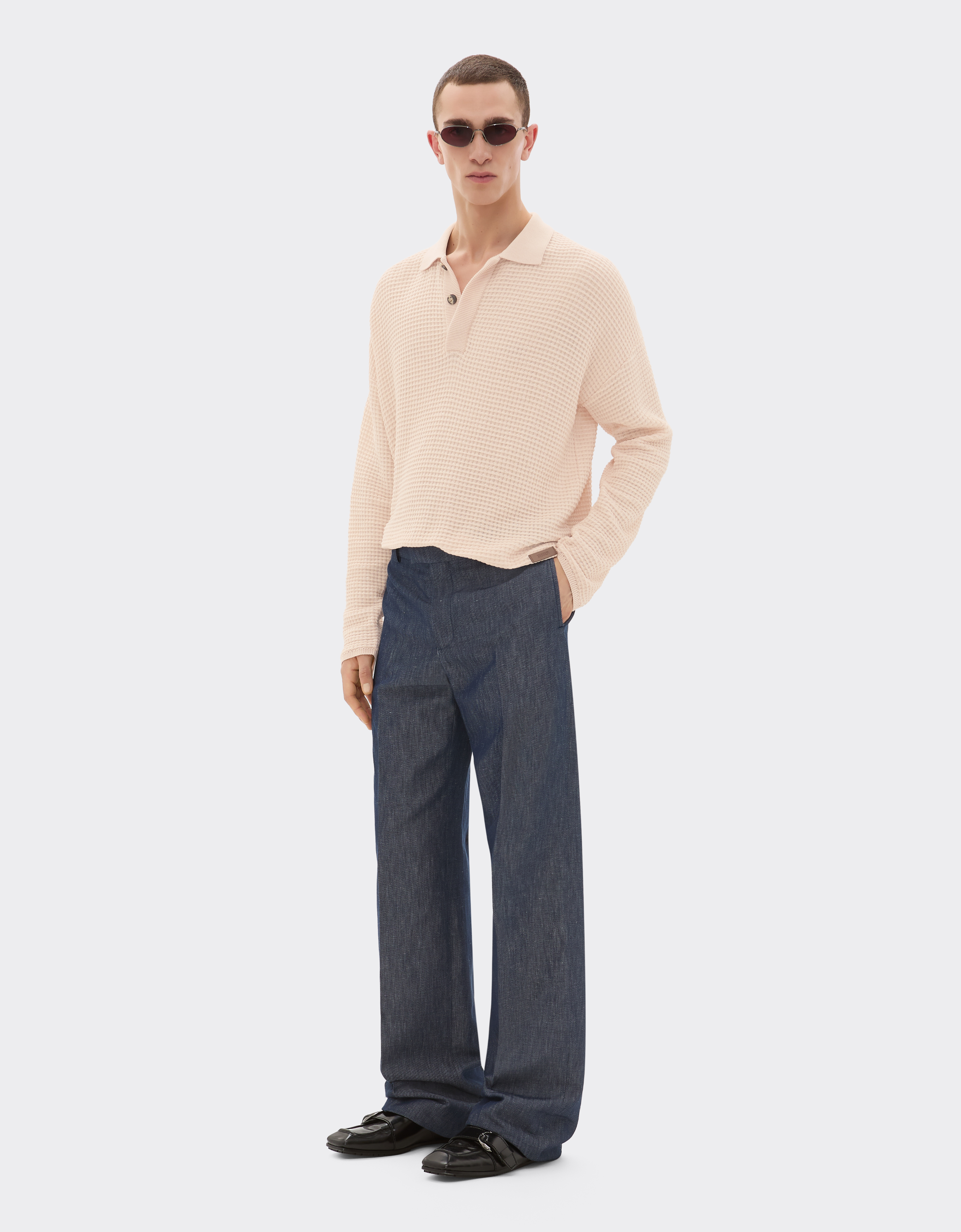 Ferrari Cotton And Linen Long-sleeved Polo Shirt With Link Pattern