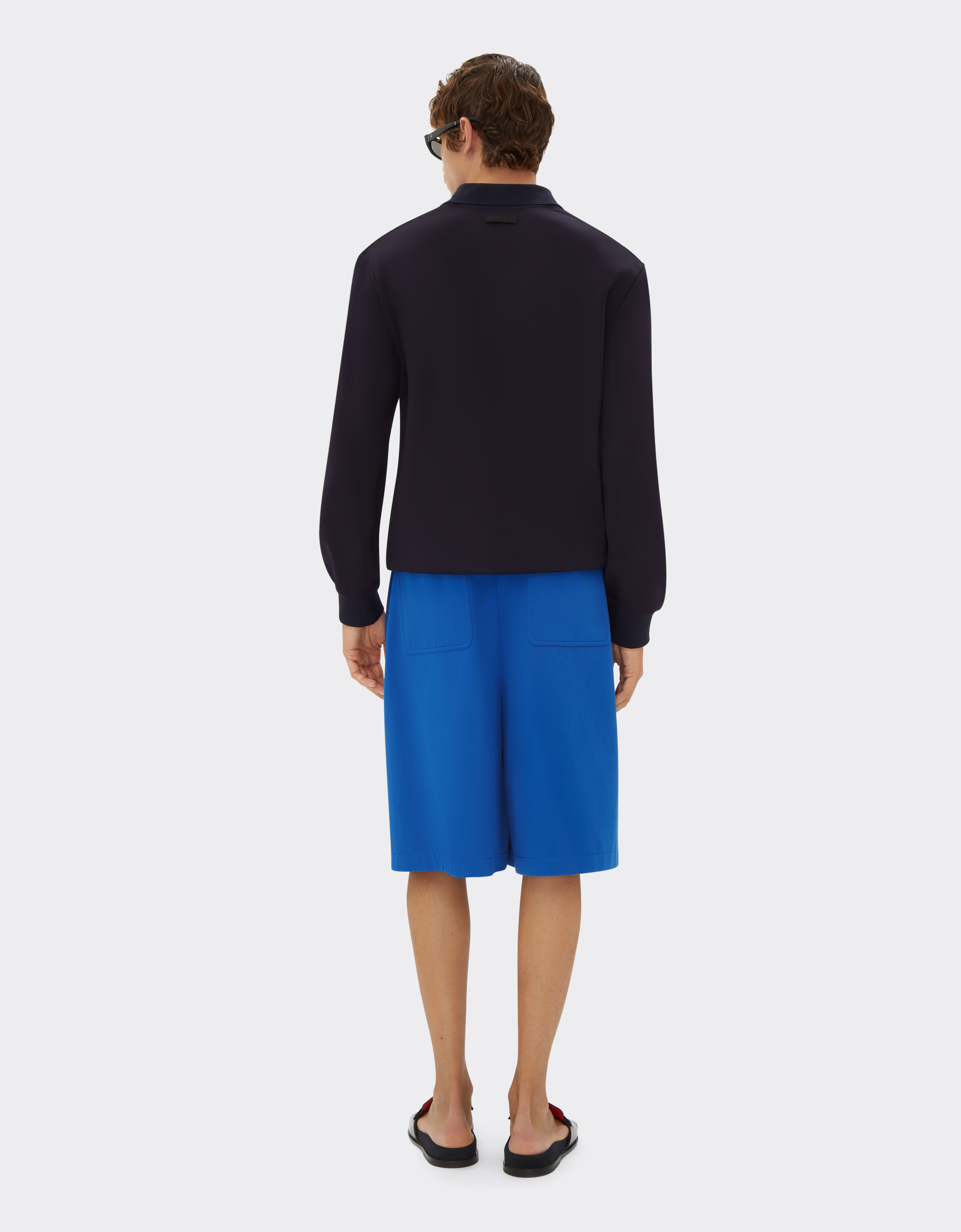 Ferrari Long-sleeved Polo Shirt In Milano-rib Jersey In Navy