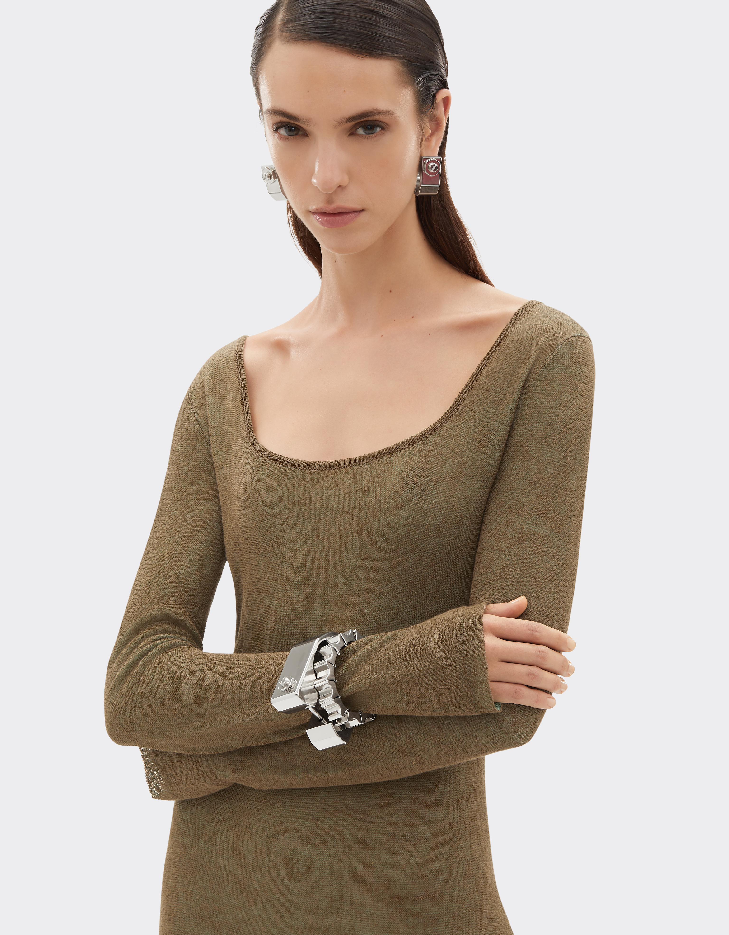 Ferrari Long Dress In Linen, Cashmere, And Silk In Green