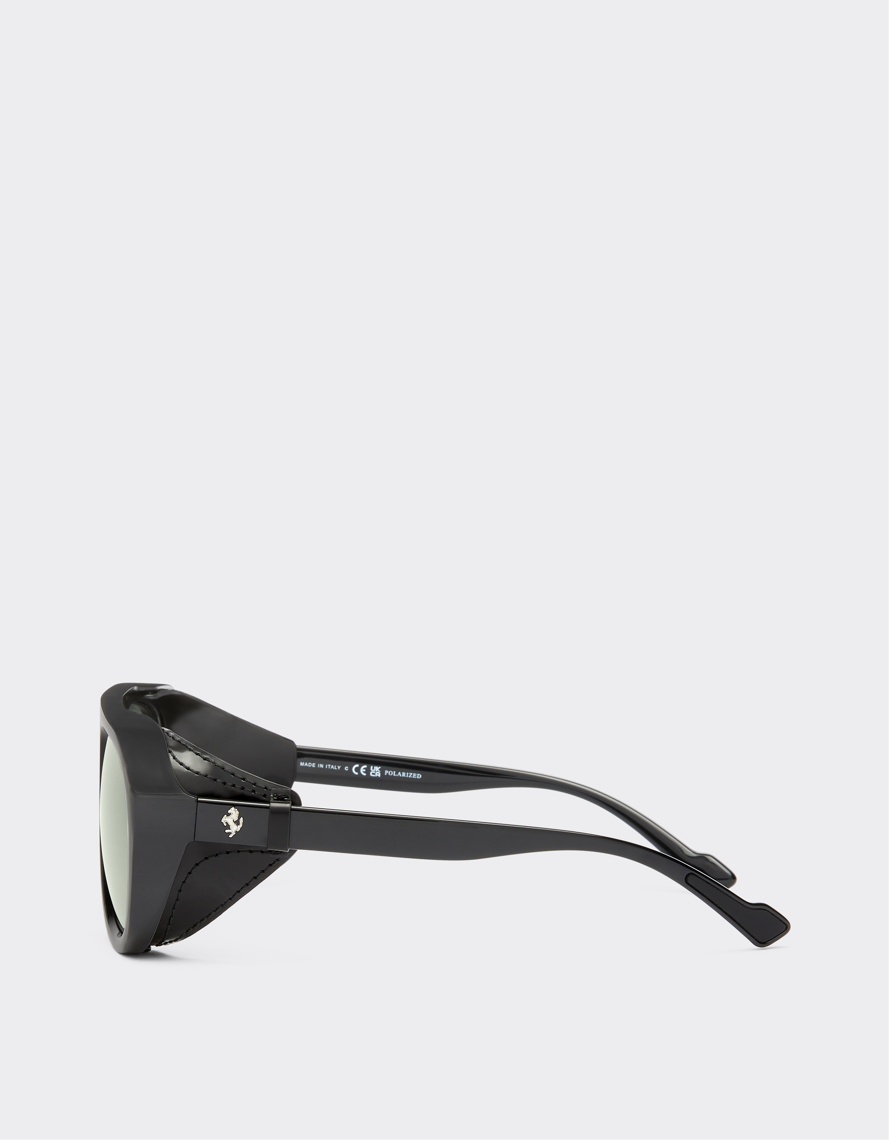 Ferrari Black Sunglasses With Leather Details And Polarised Mirror Lenses In Black