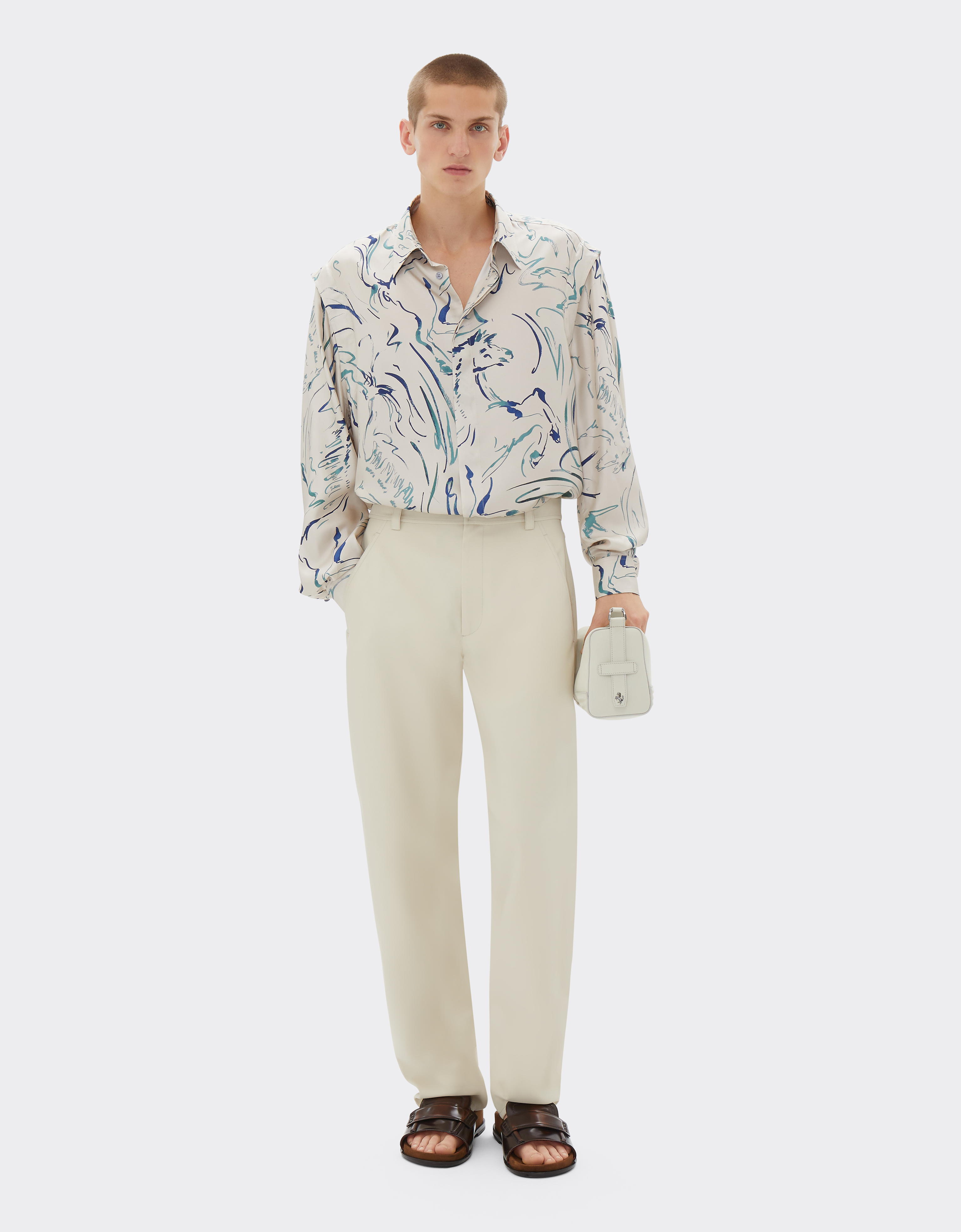 Ferrari Silk Shirt With Cavallino Print In Ecru