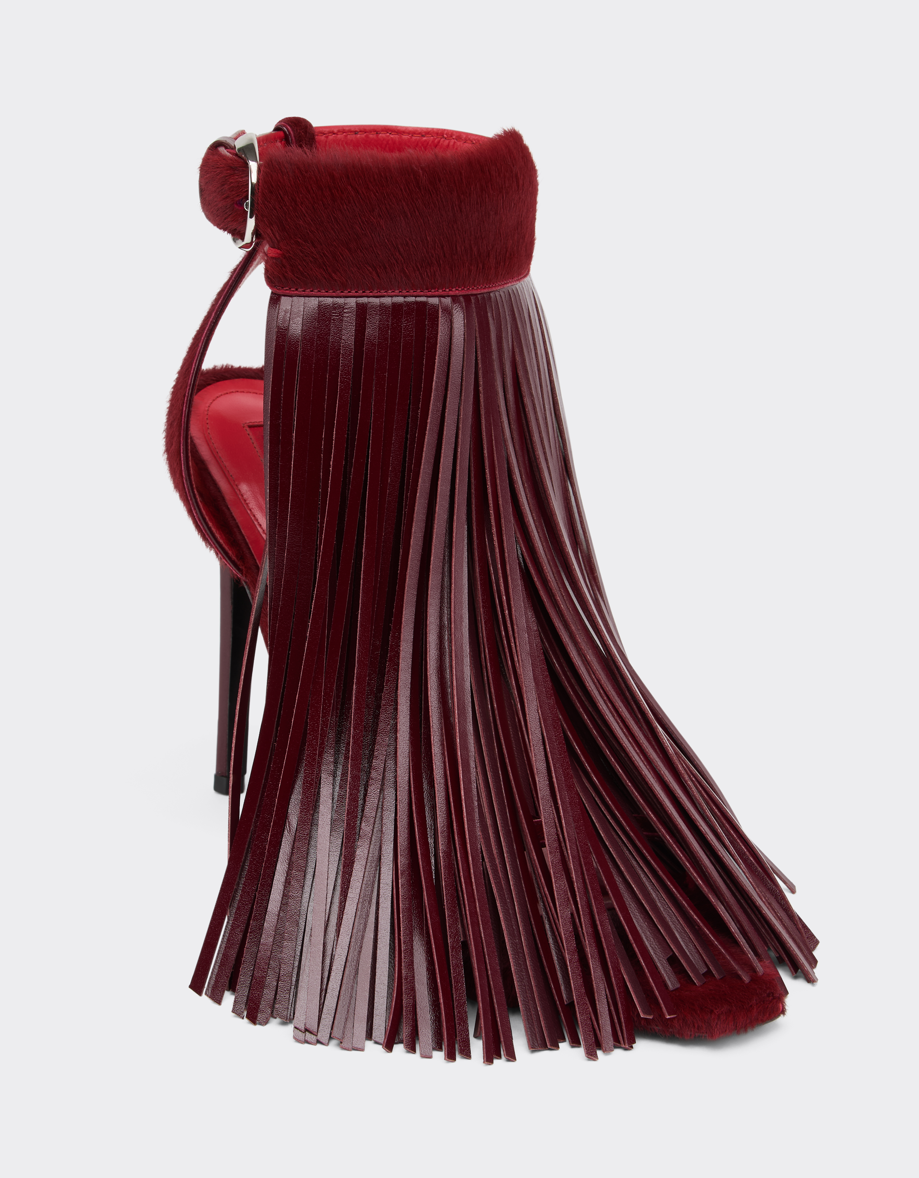 Ferrari Leather And Cowhide Sandals With Fringes In Burgundy