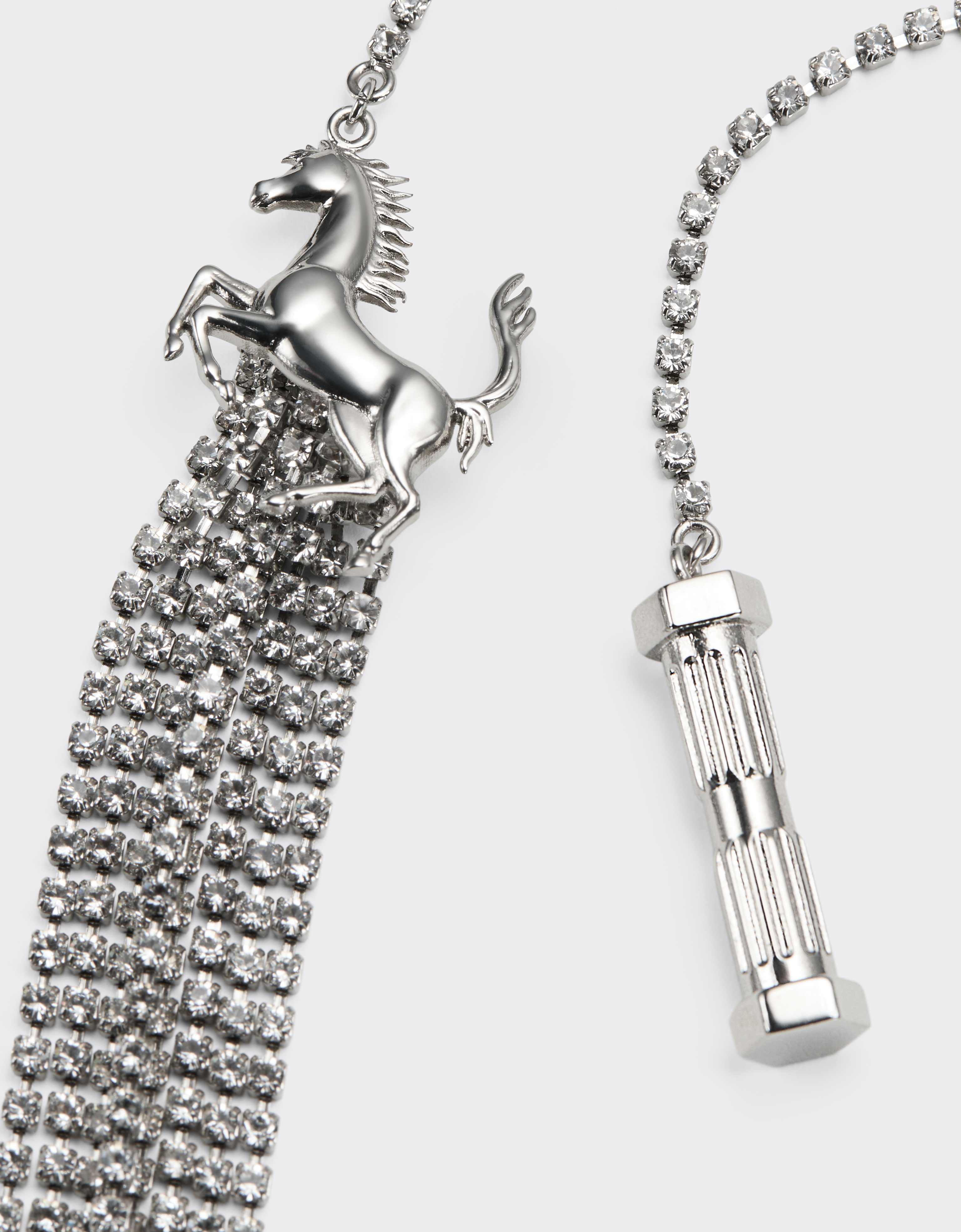 Ferrari Rhinestone Necklace With Prancing Horse And Mini Piston In Silver