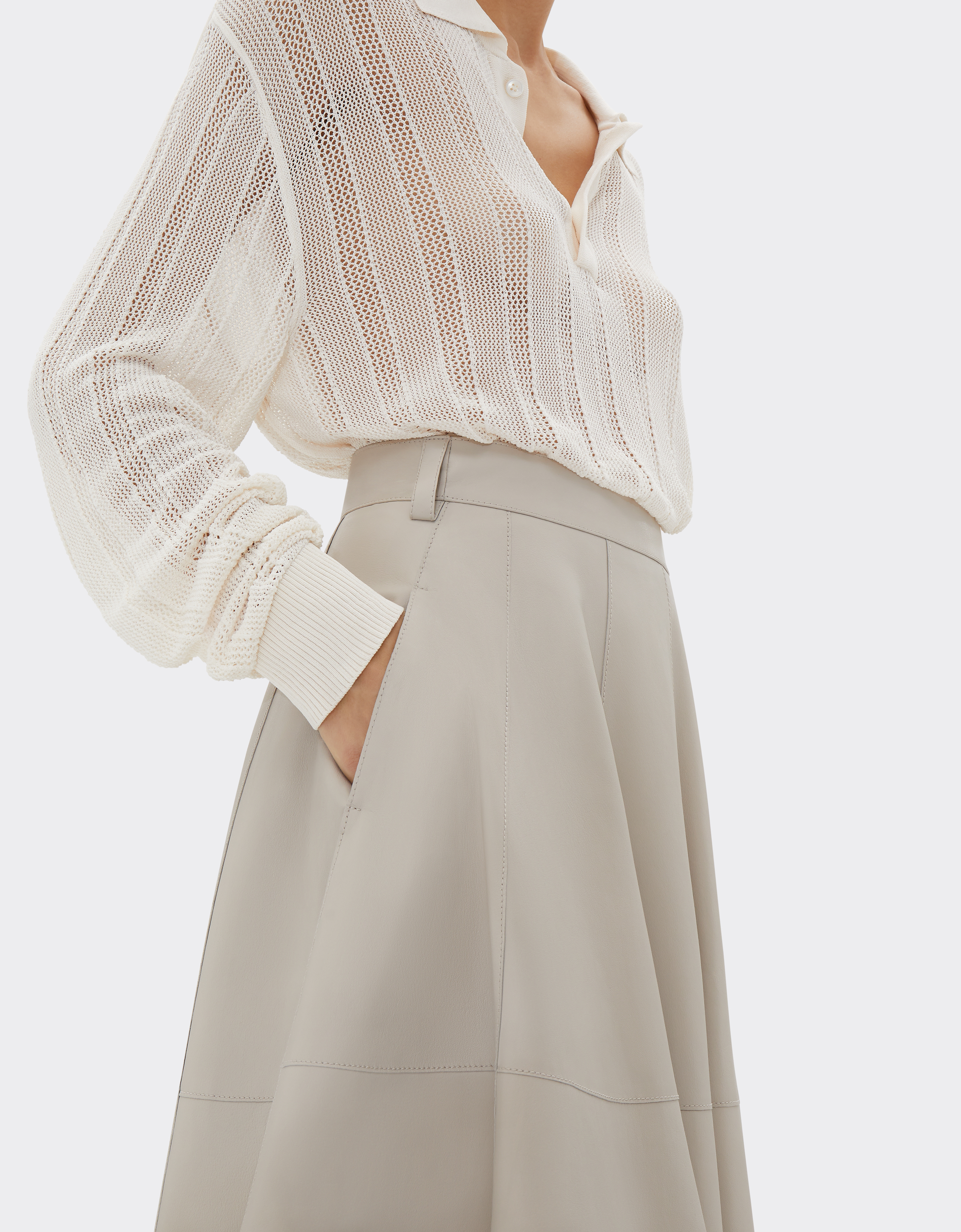 Ferrari Long Asymmetrical Skirt In Nappa Leather In Ecru
