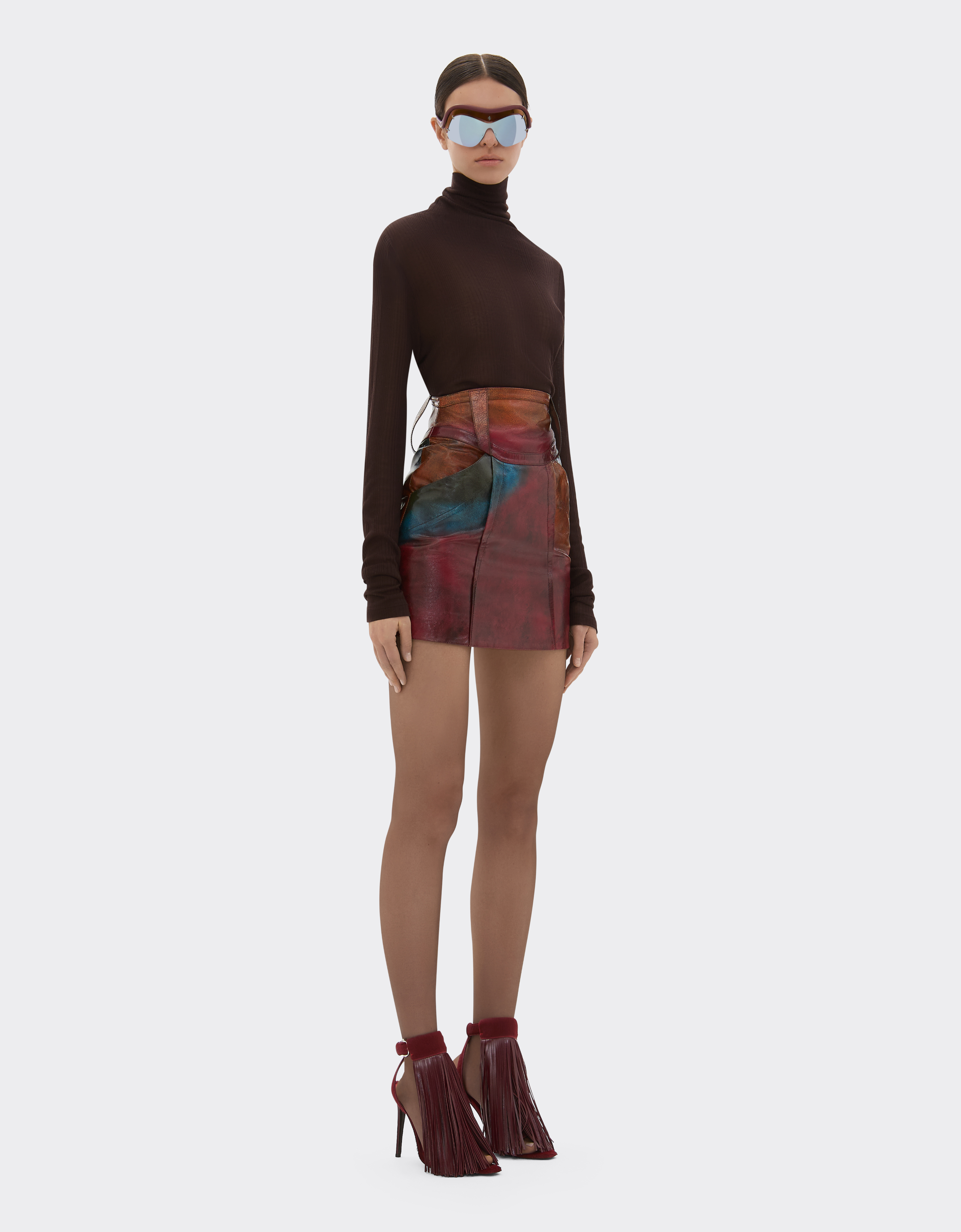 Ferrari Misted Leather Mini Skirt In Brown
