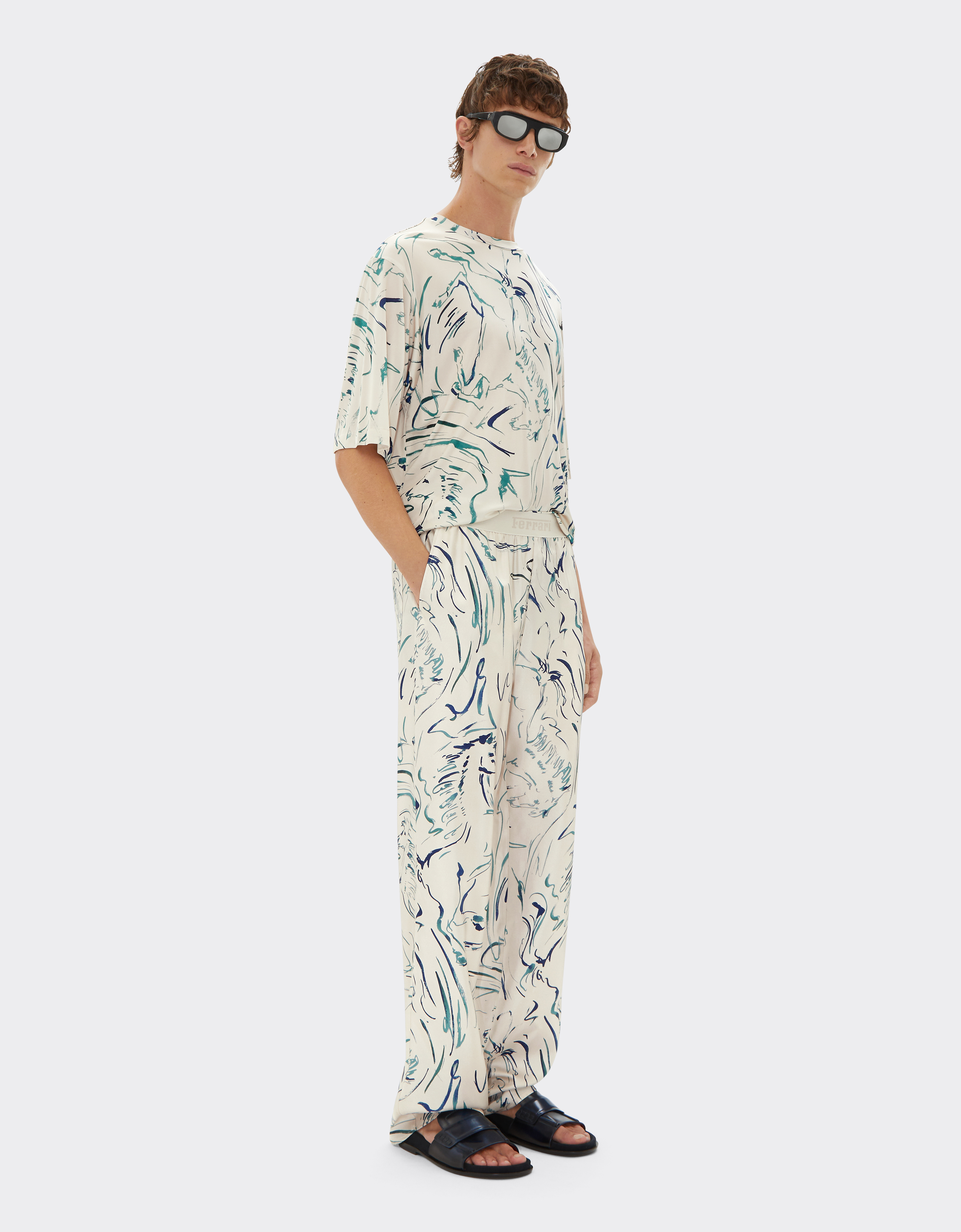 Ferrari Silk Trousers With Cavallino Print In Ecru