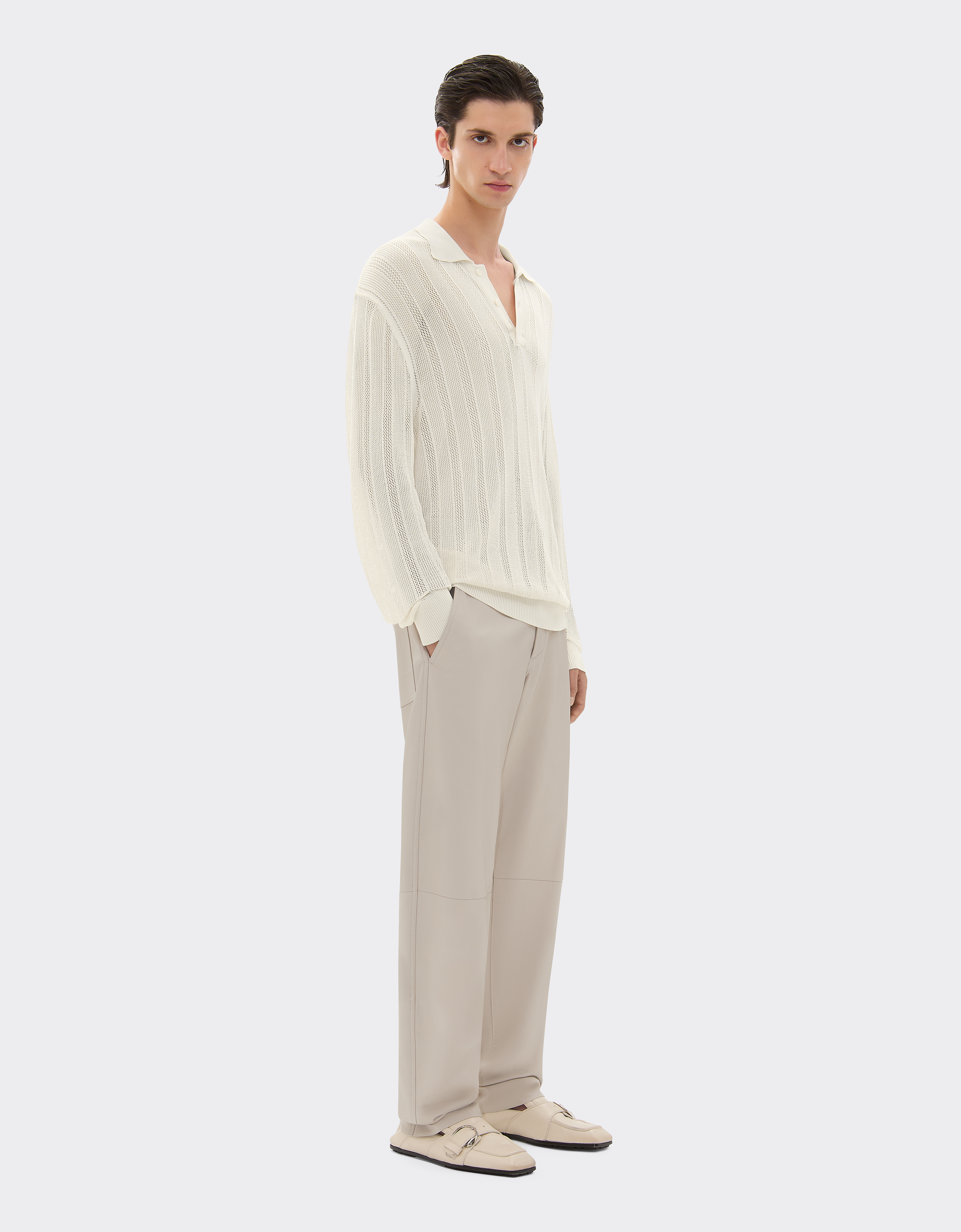 Ferrari Long-sleeved Polo Shirt In Perforated Q-cycle® Fabric In Ecru